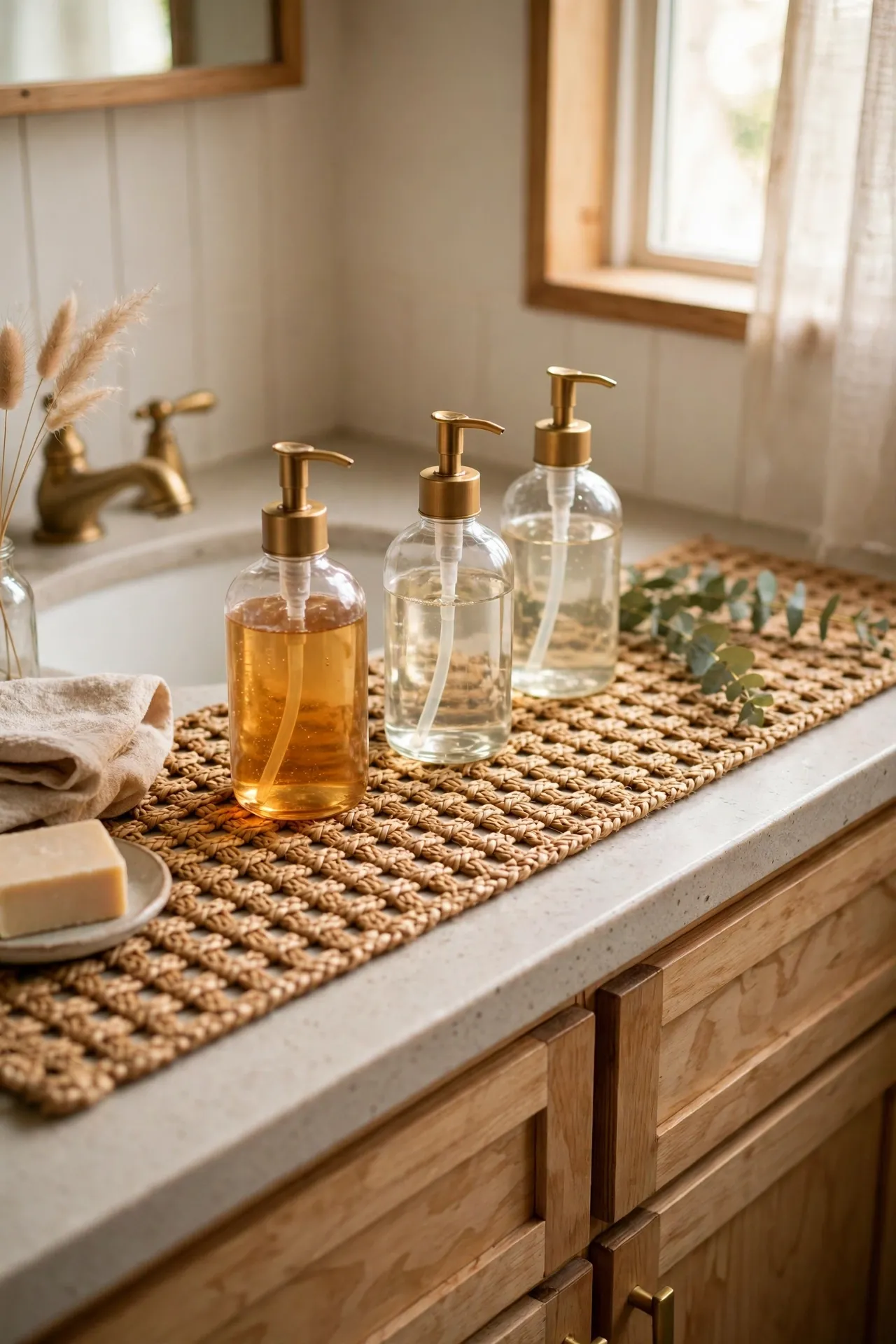 Woven placemat as runner on bathroom vanity with soft natural light