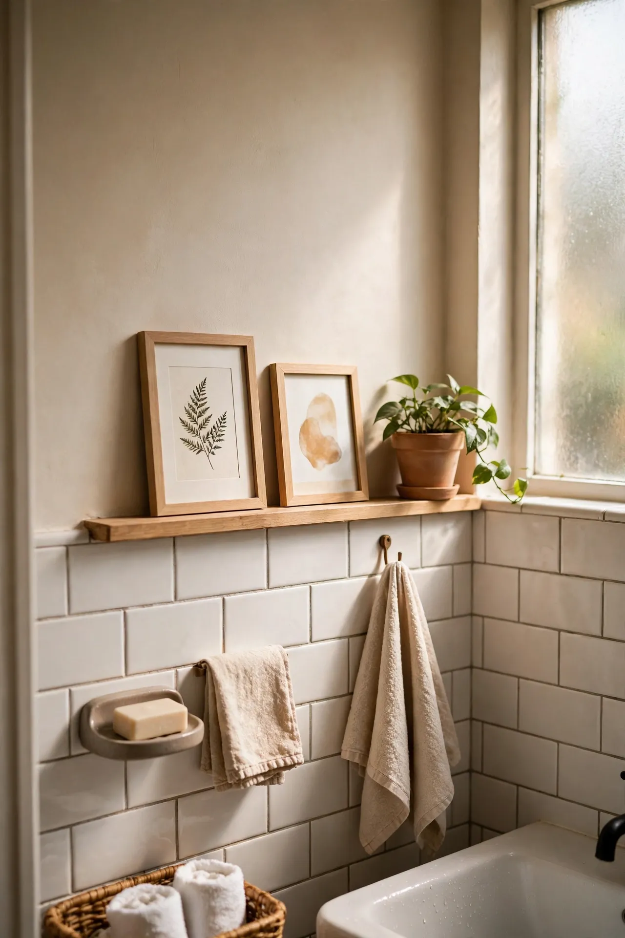 Picture ledge with tiny framed bathroom art with soft natural light