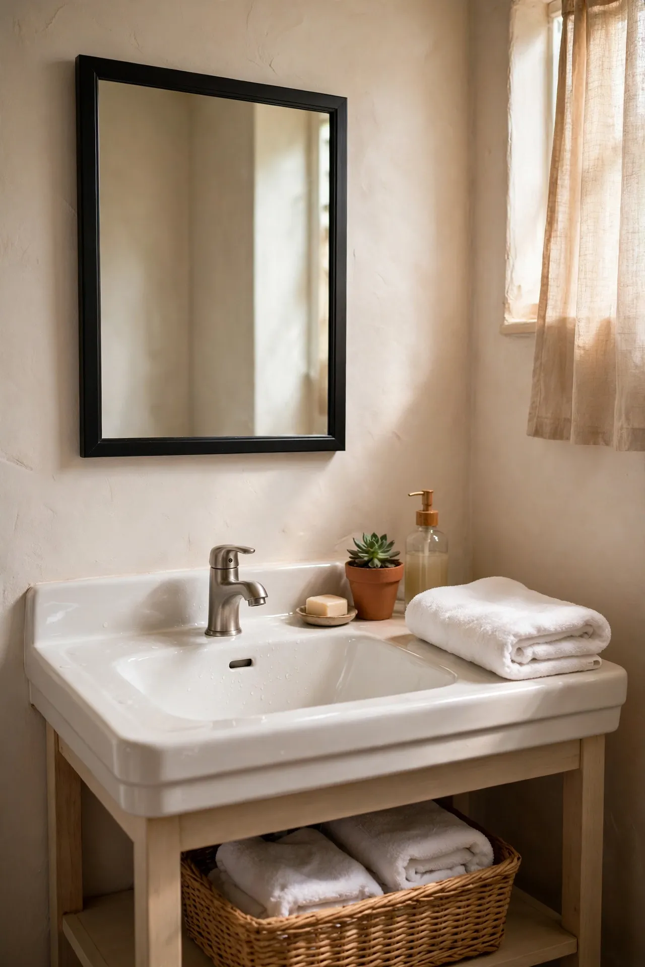 Black framed mirror hanging above a white bathroom sink