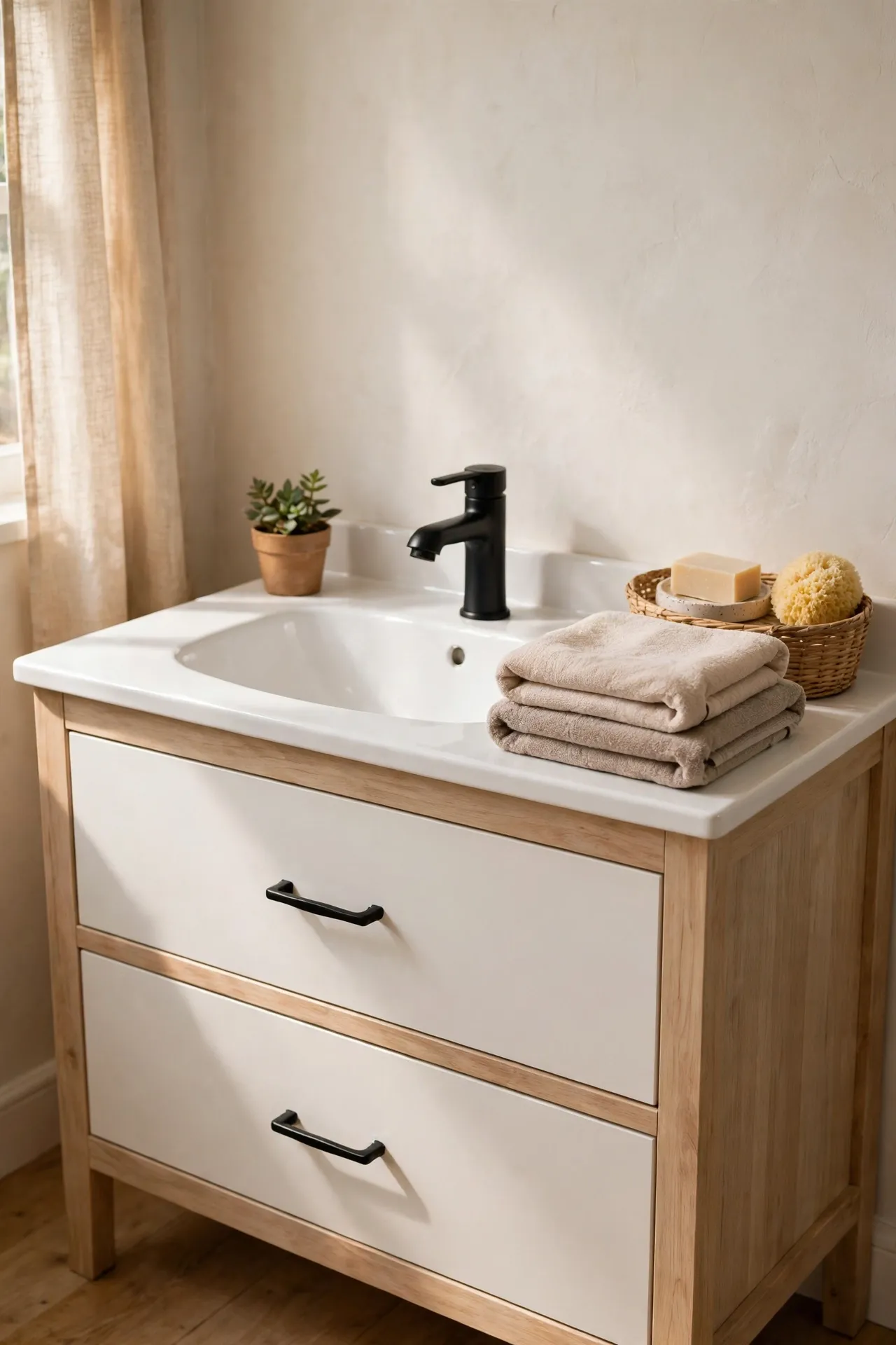 Matte black faucet on a white bathroom vanity countertop