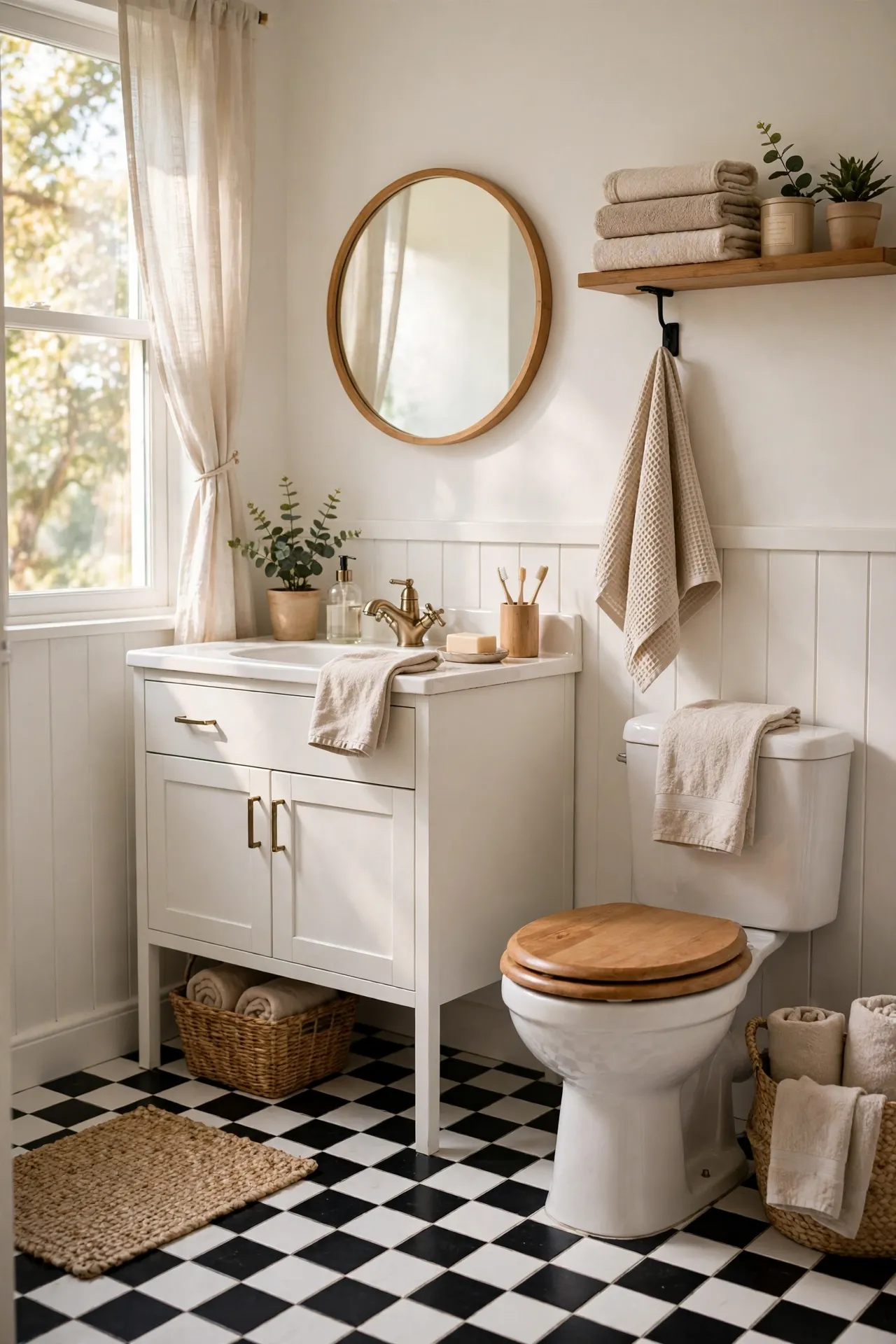 Black and white checkerboard tile floor in a bathroom