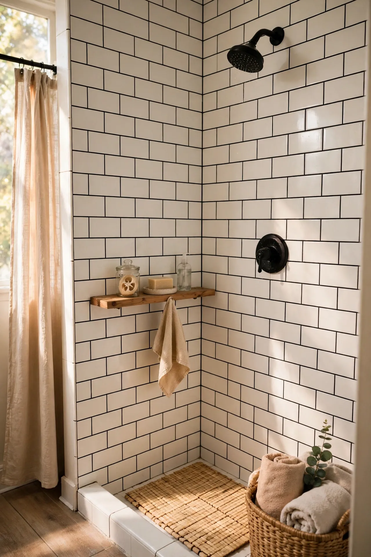 White subway tiles with bold black grout lines