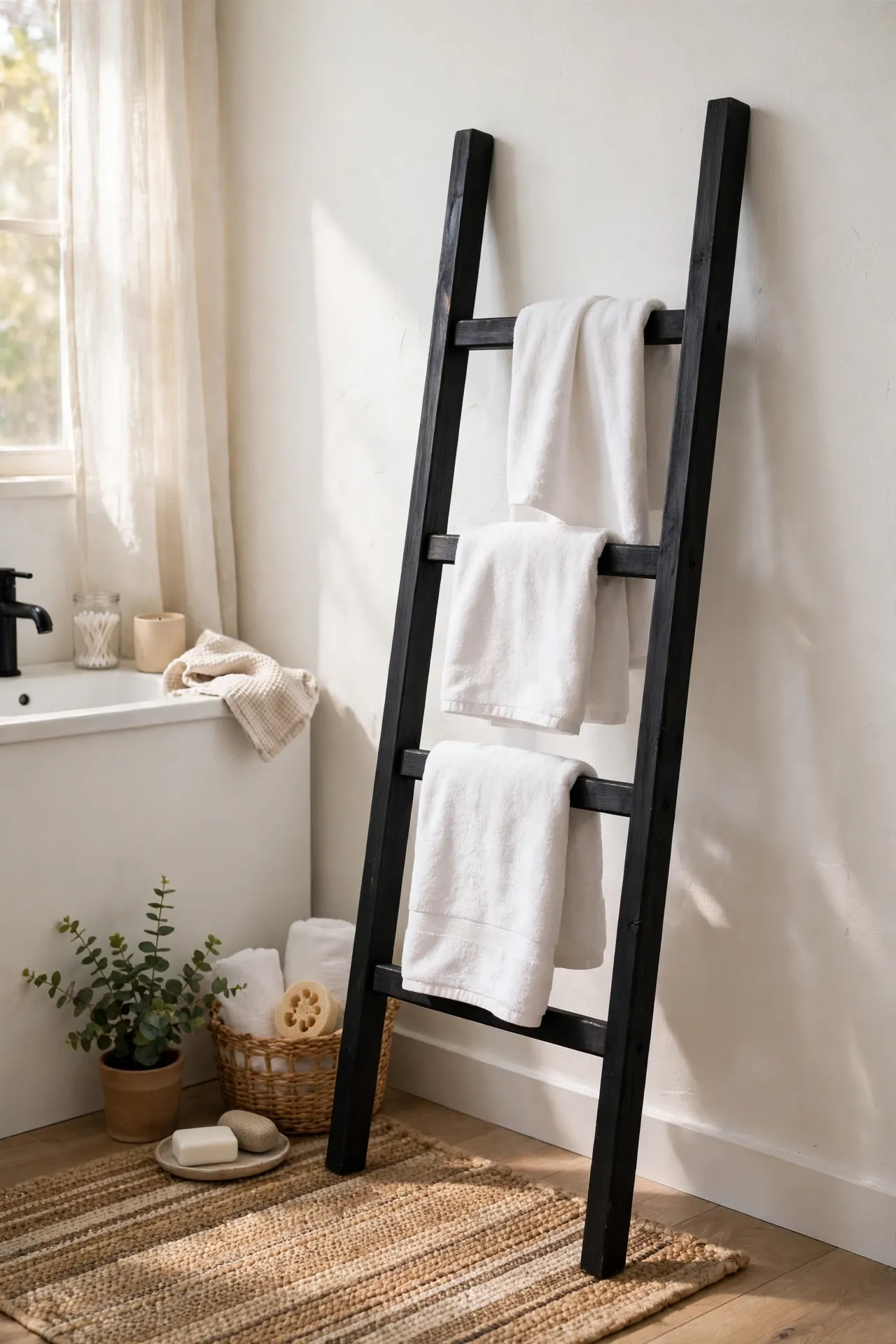 Black towel ladder holding white towels against white wall