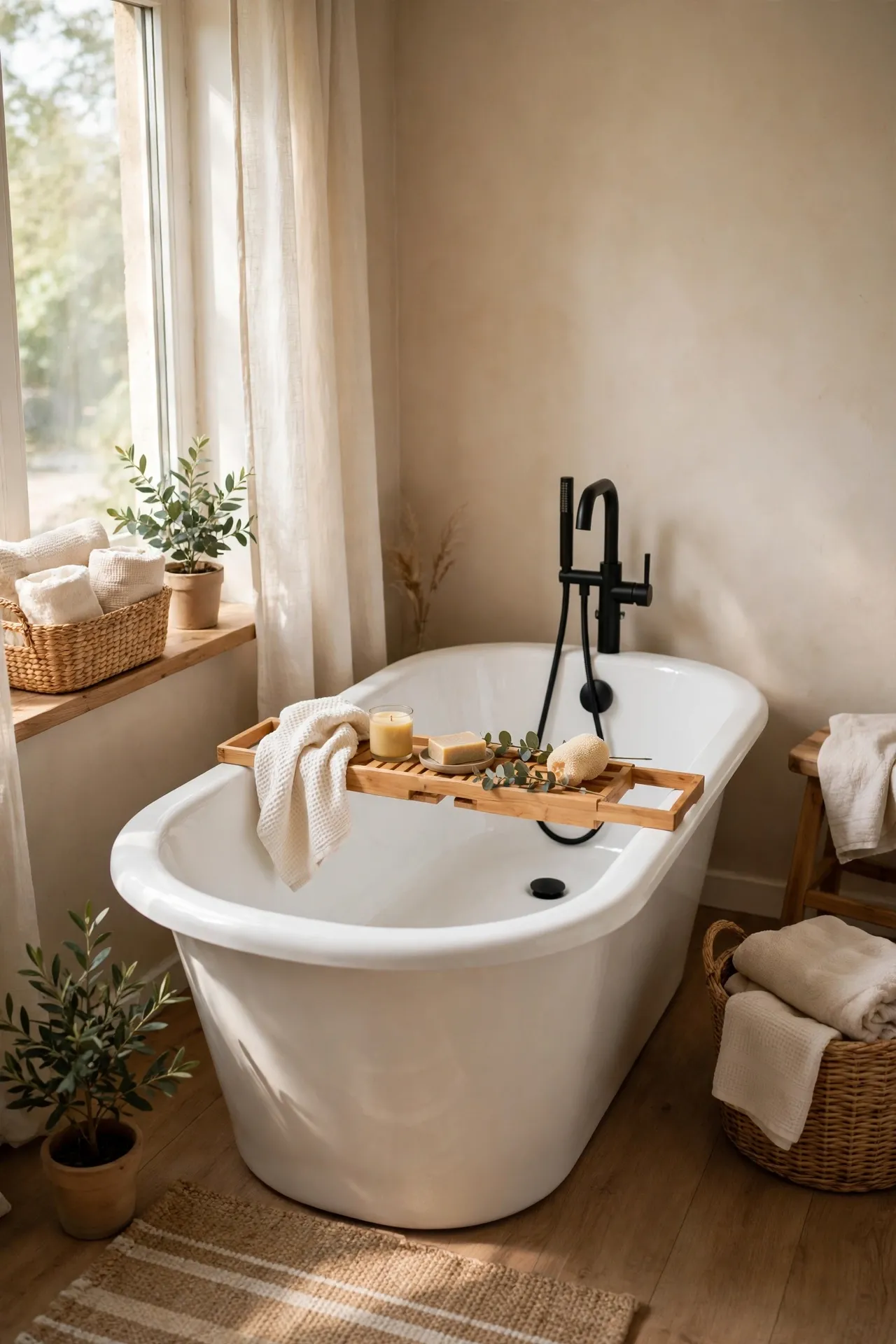 White freestanding tub with black fixtures and bath caddy