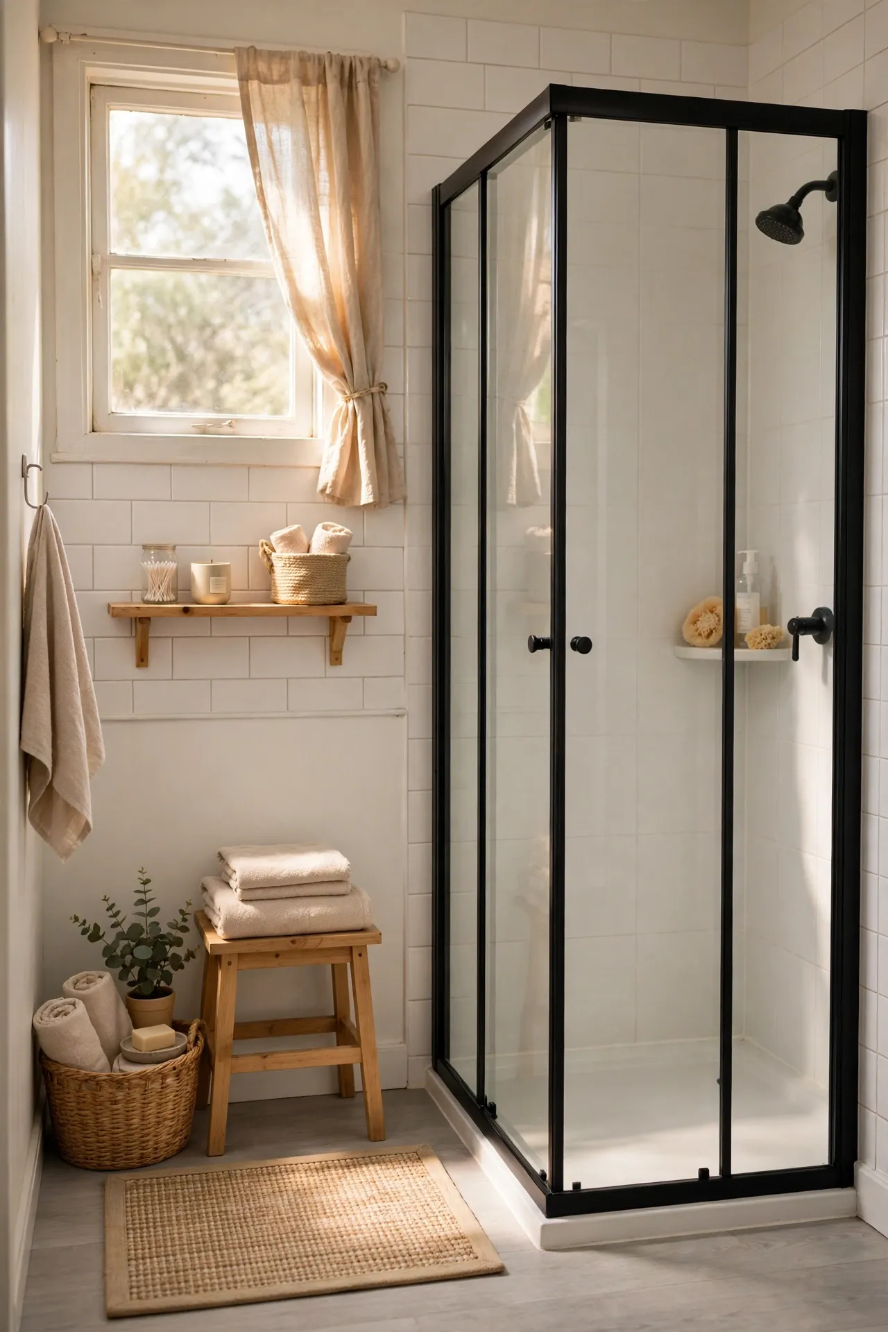 Black framed glass shower enclosure in white bathroom