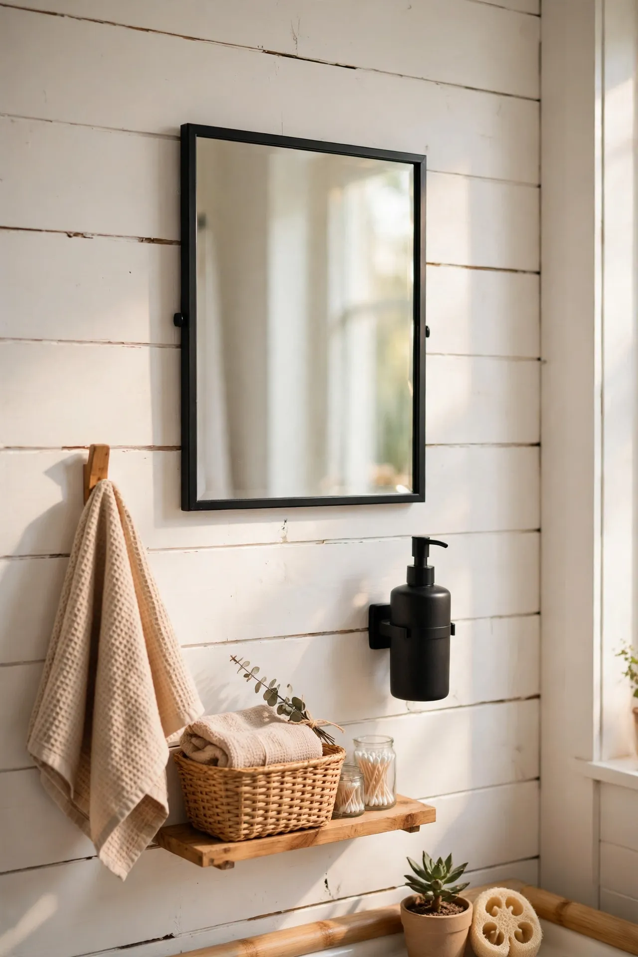 White shiplap bathroom wall with black mirror and accessories