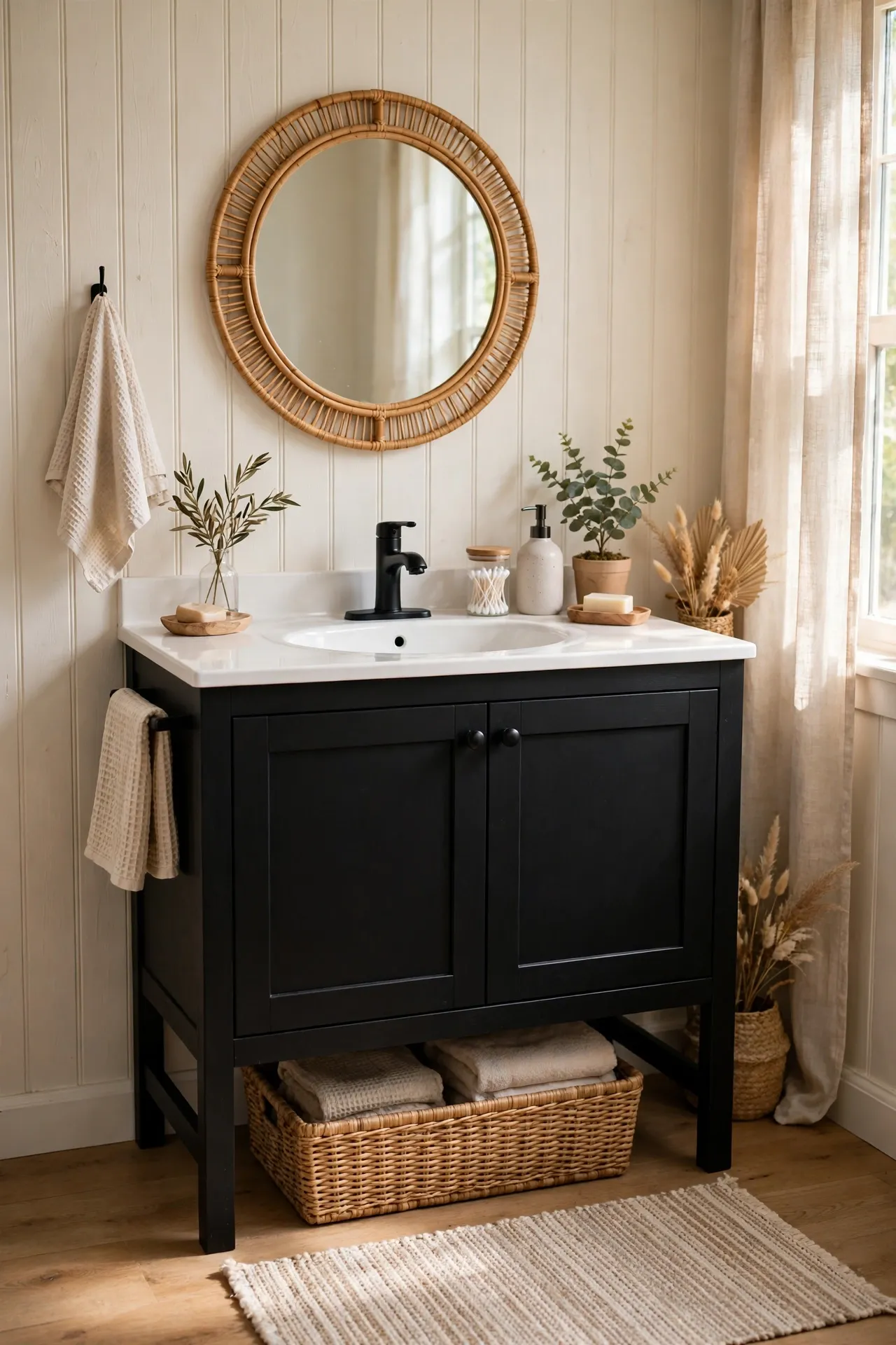 Black vanity cabinet with white countertop and sink