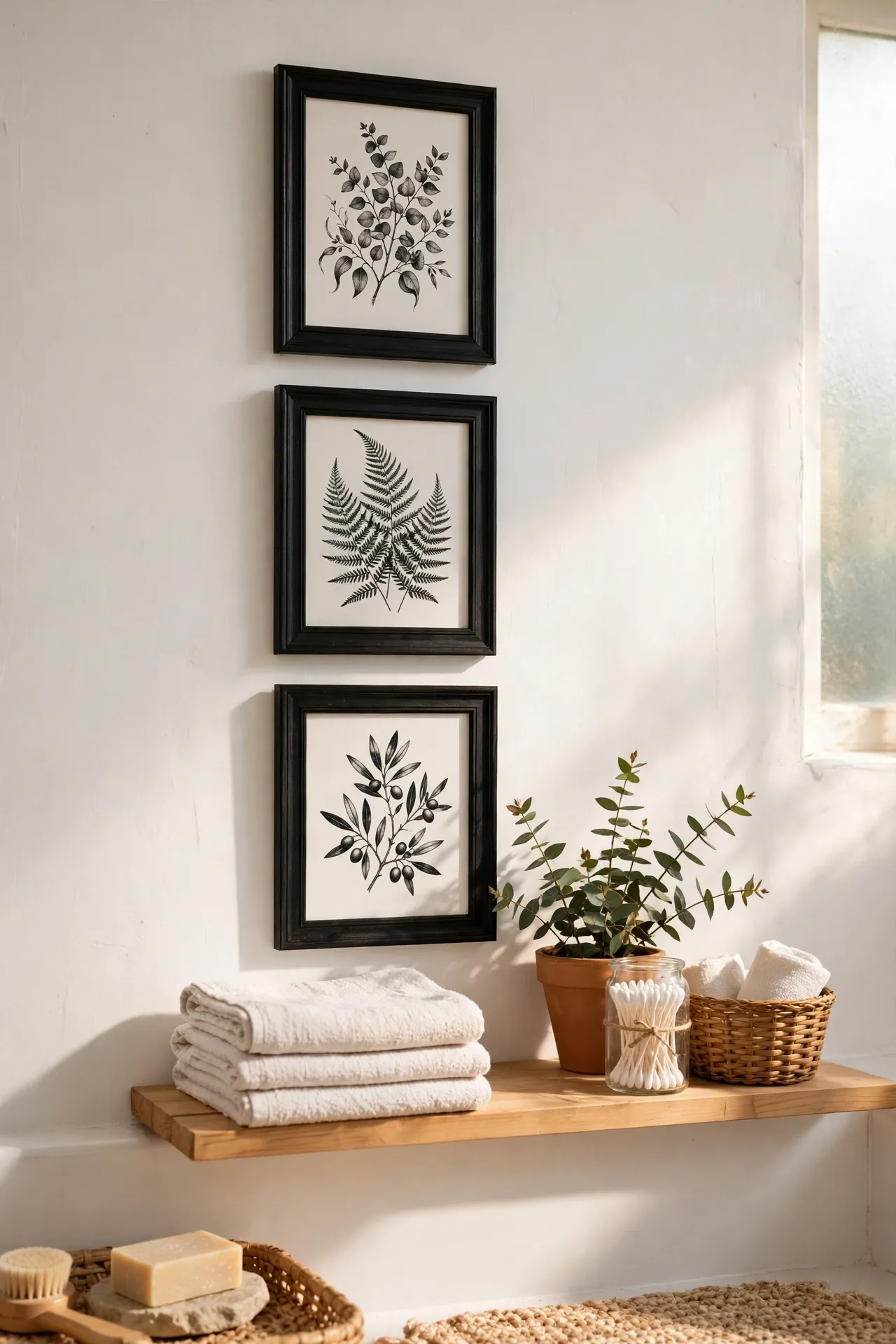 Black framed botanical prints on white bathroom wall