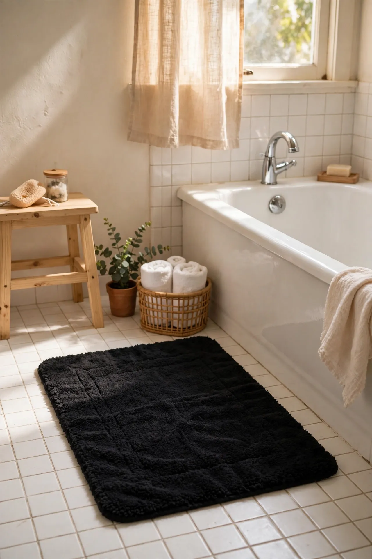 Thick black bath mat on white bathroom tile floor