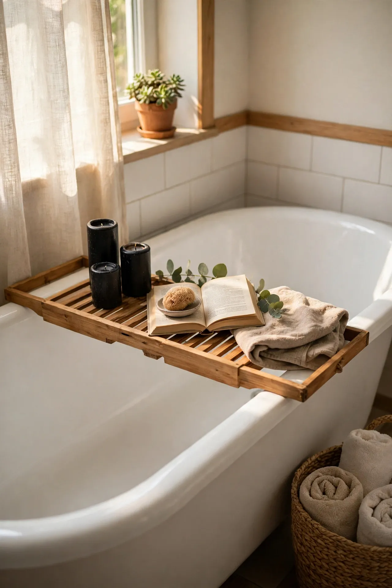 Bath caddy with black candles over white bathtub