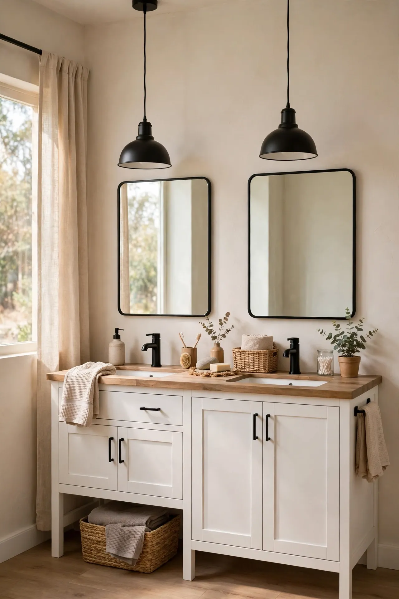 Black pendant lights hanging over double bathroom vanity