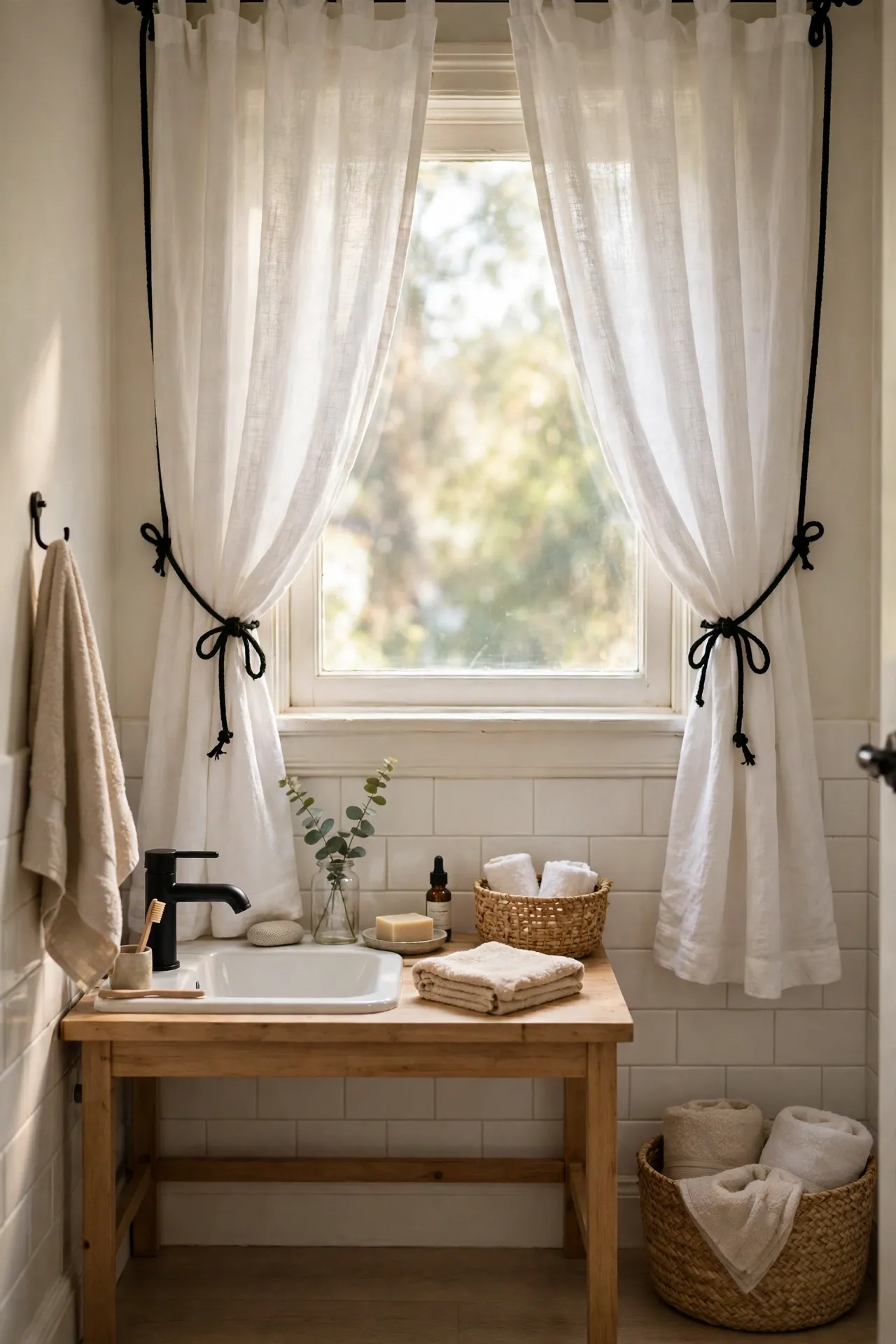 White linen bathroom curtains tied back with black cords