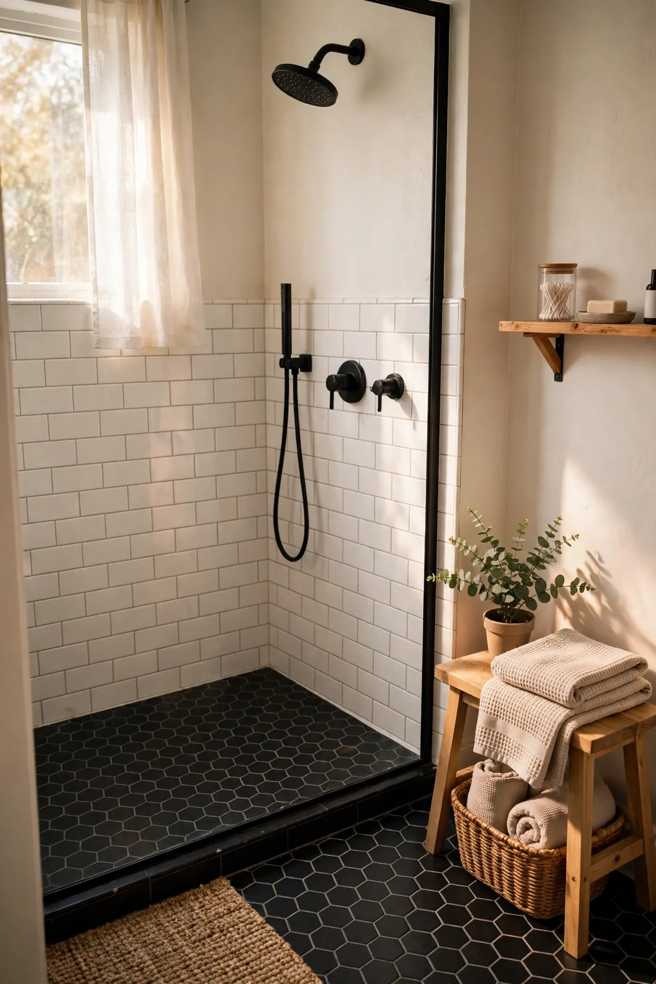 Black hexagon tile floor inside a white shower