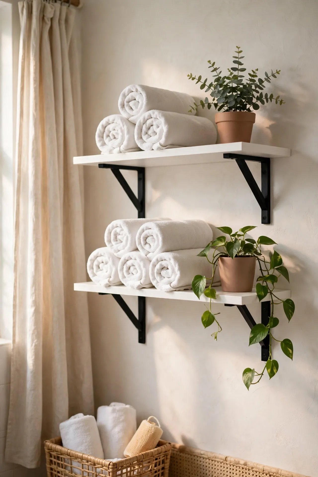 White floating shelves with black brackets holding towels
