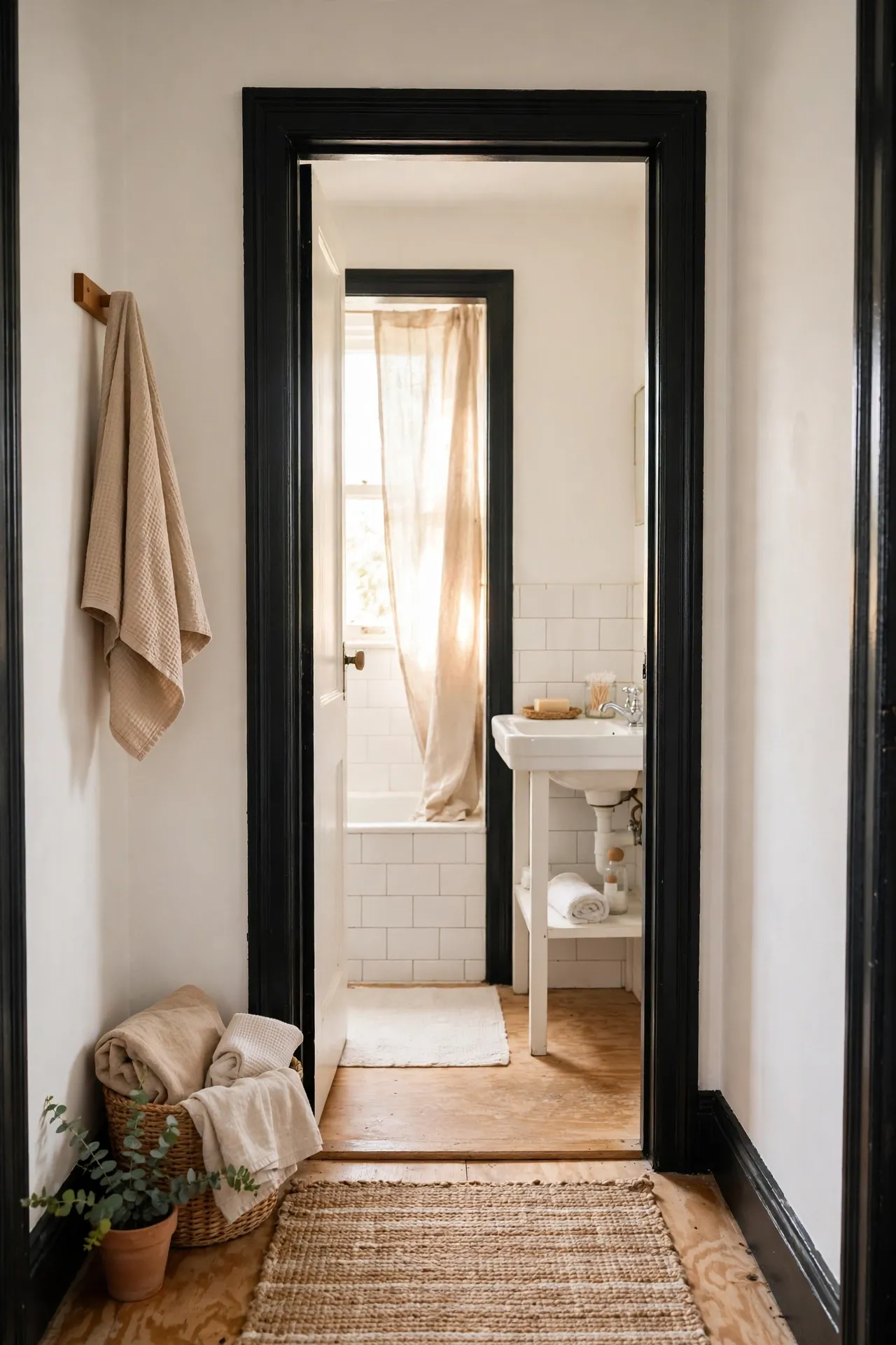 Black painted door trim against white bathroom walls