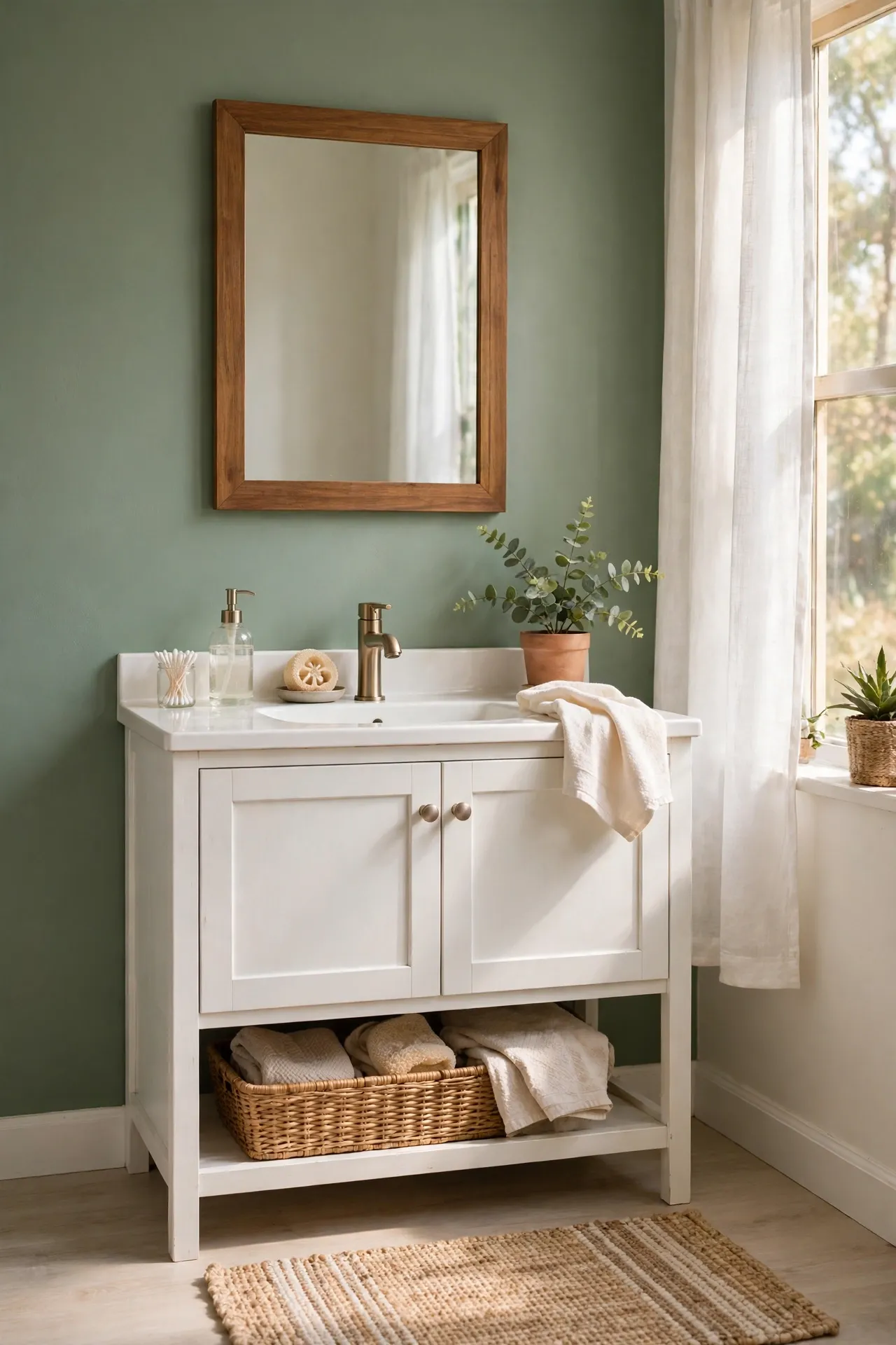 Sage green accent wall behind white bathroom vanity