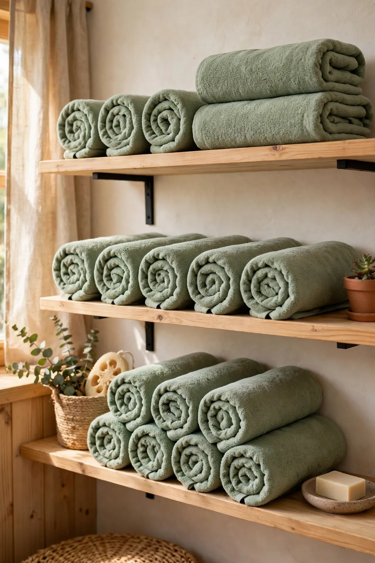 Rolled sage green towels on open bathroom shelving