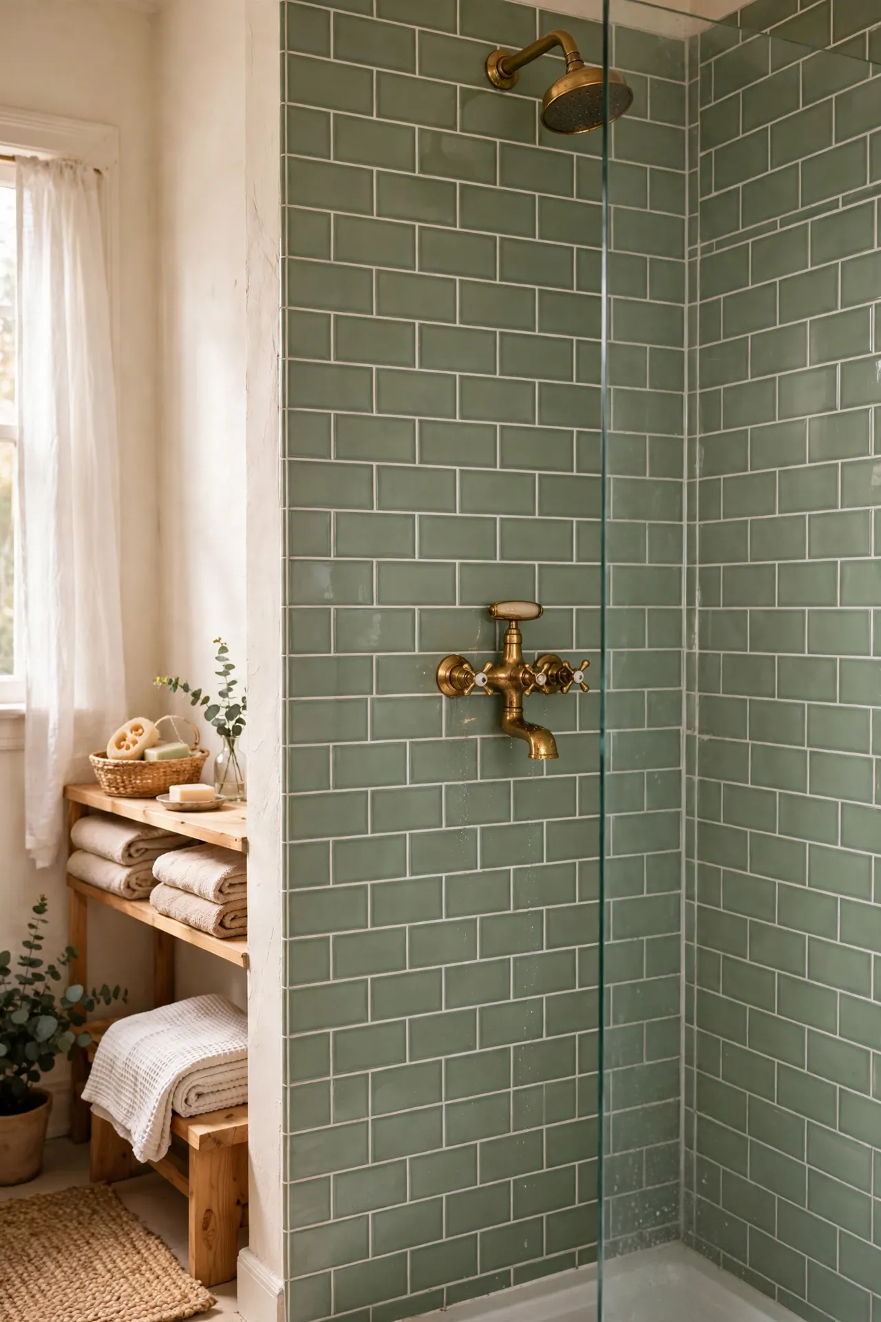 Sage green subway tile wall inside bright shower