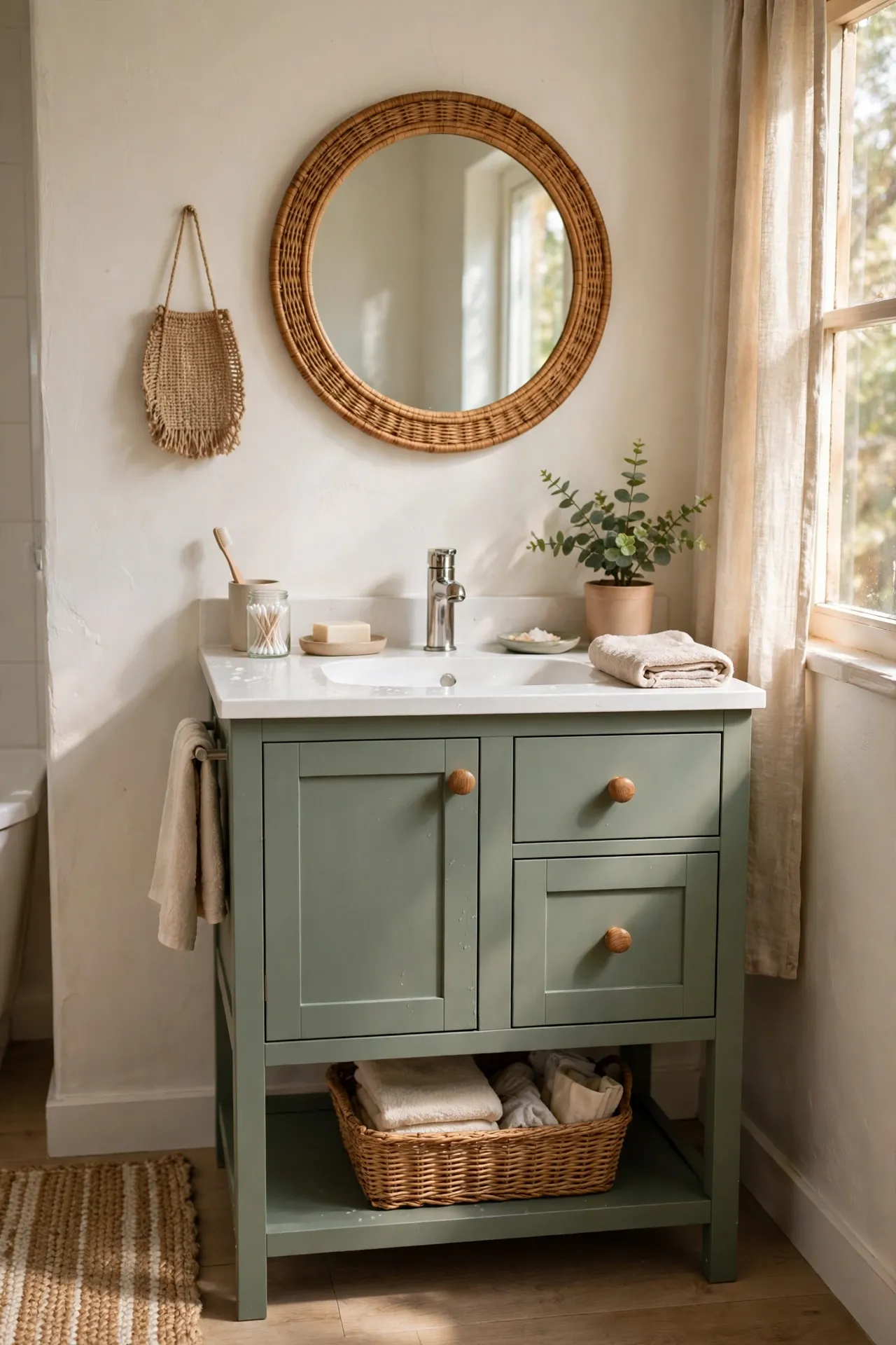 Sage green vanity cabinet with warm wooden knobs