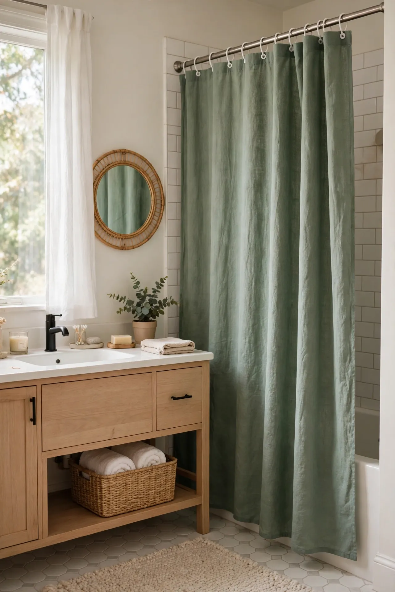 Sage green shower curtain with white rings in bathroom