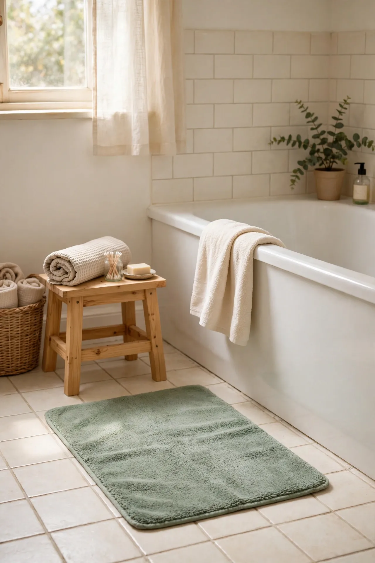Sage green bath mat on cream bathroom tile floor