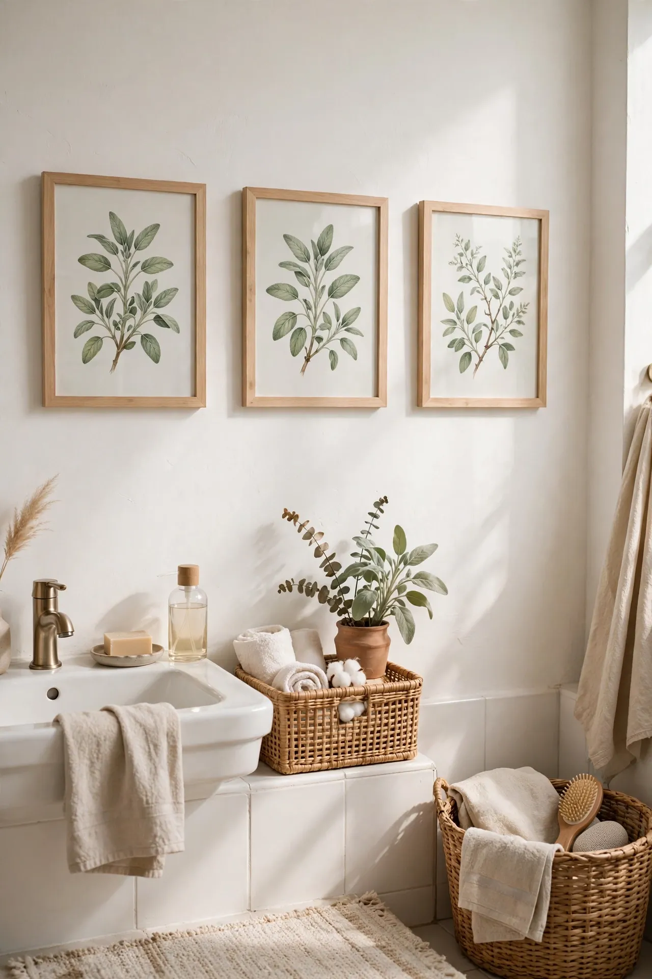 Sage botanical prints in light wood frames on wall