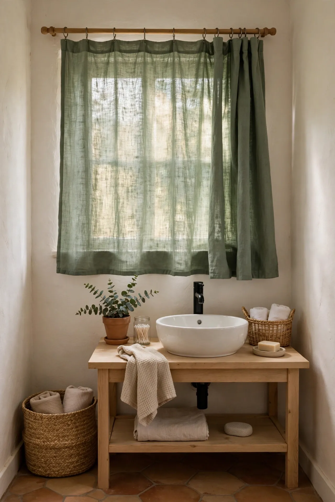 Sage green linen curtain on bathroom window filtering light