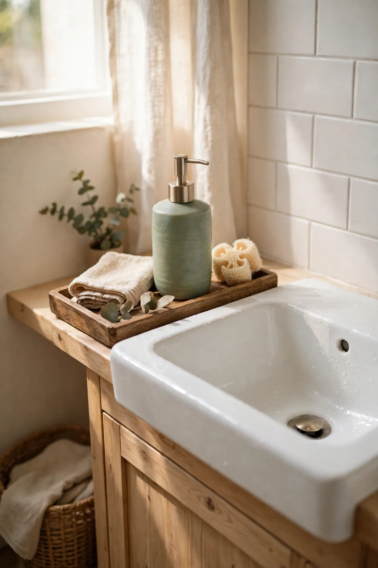Sage green soap dispenser on wooden tray by sink