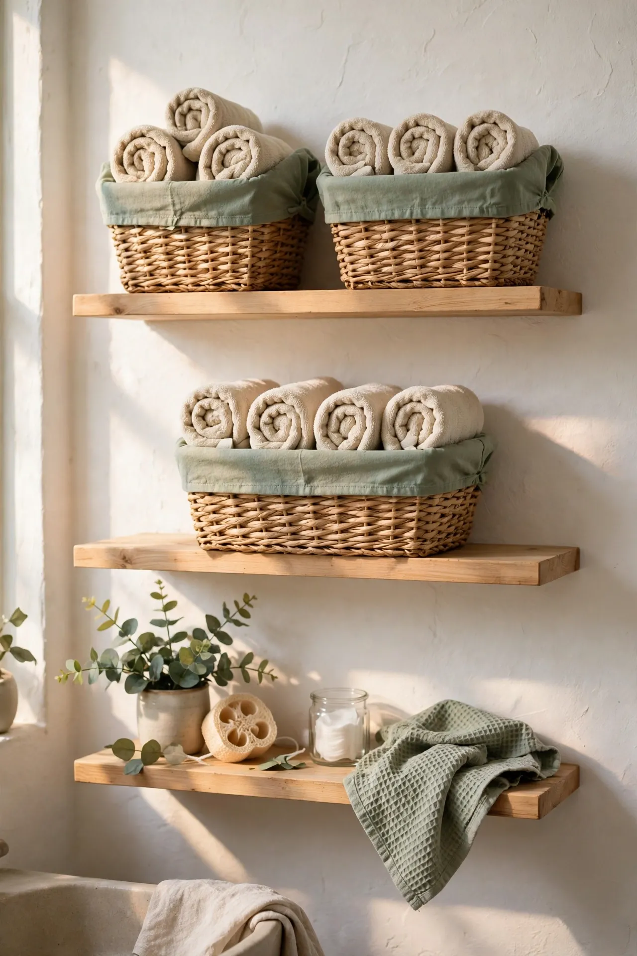 Woven baskets with sage liners storing bathroom towels