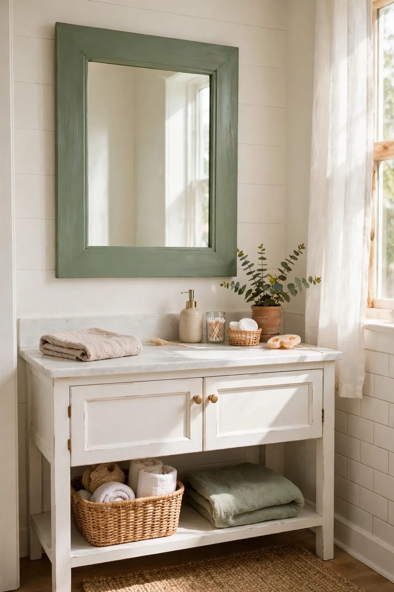 Mirror with sage green painted frame above vanity