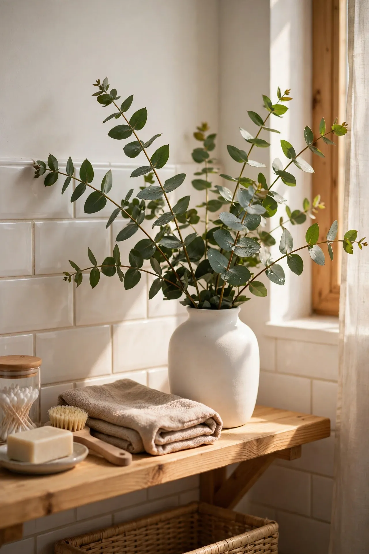 Fresh eucalyptus stems in white ceramic vase on bathroom shelf