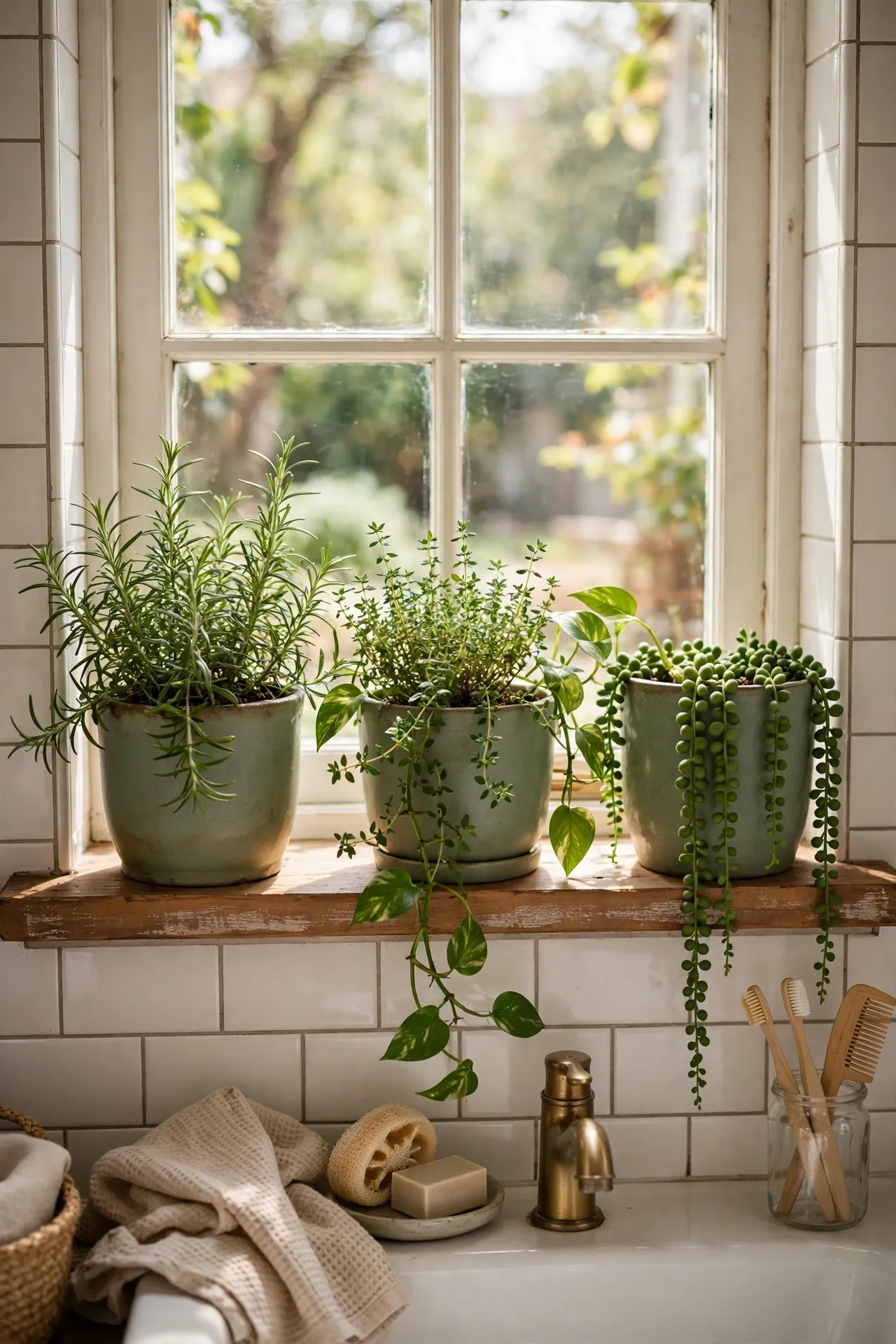 Sage ceramic planters with herbs on bathroom windowsill