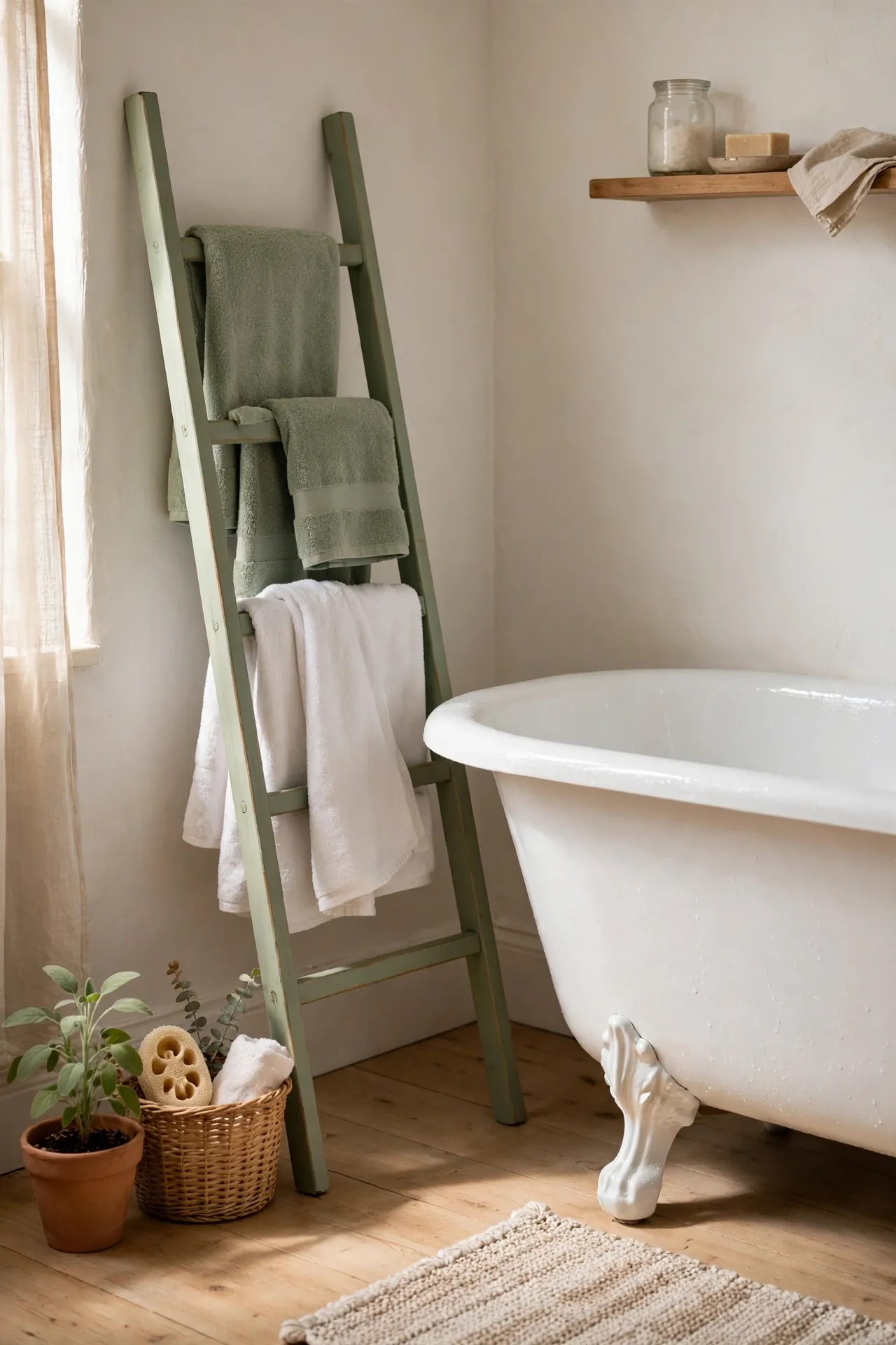 Sage green towel ladder holding towels beside bathtub