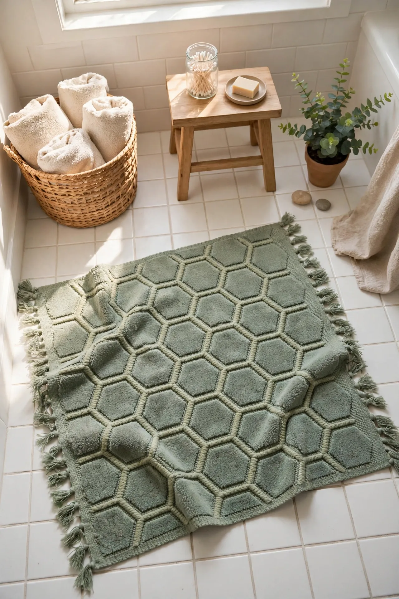 Sage green hexagon bath mat on bathroom floor