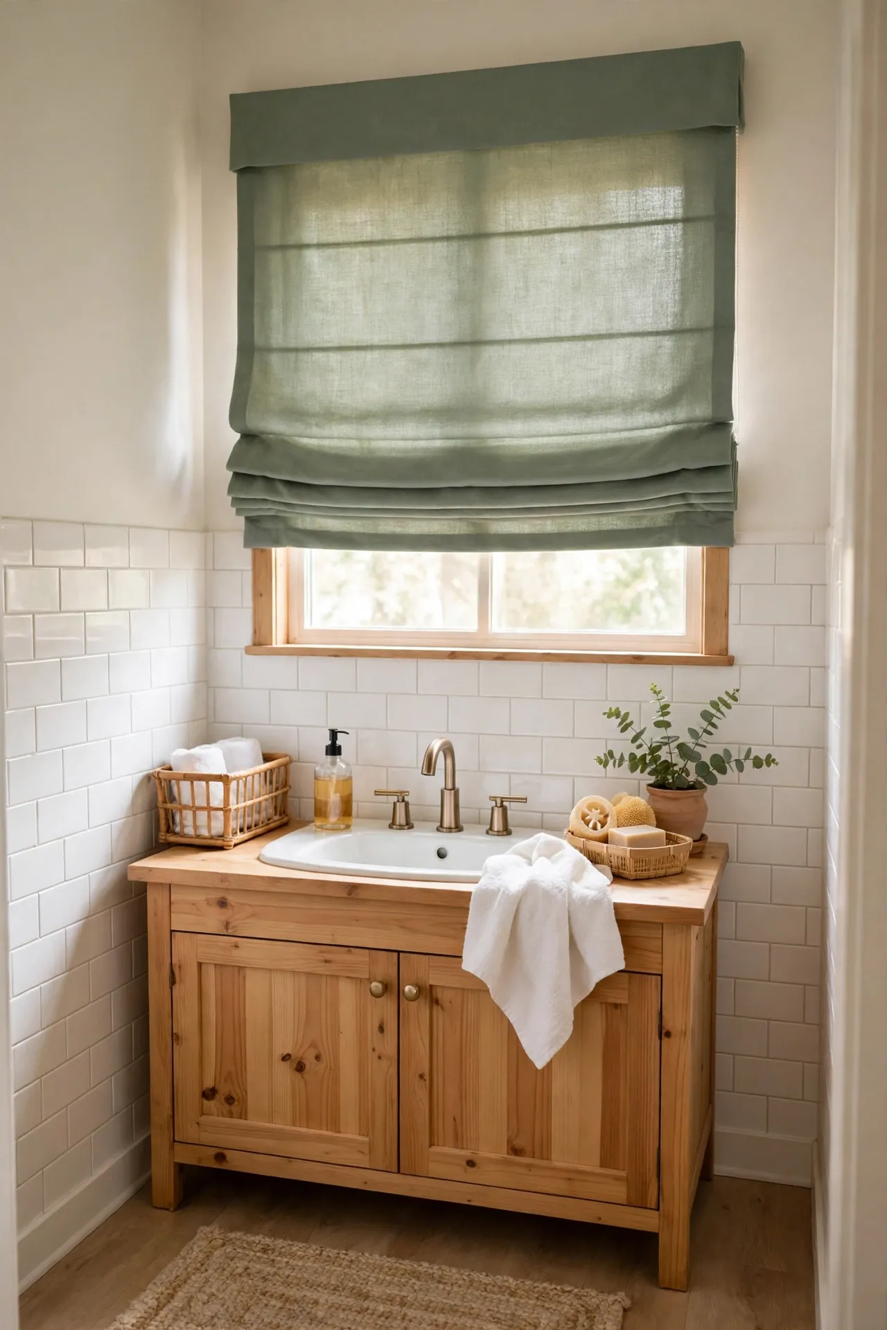 Sage green roman shade over bright bathroom window