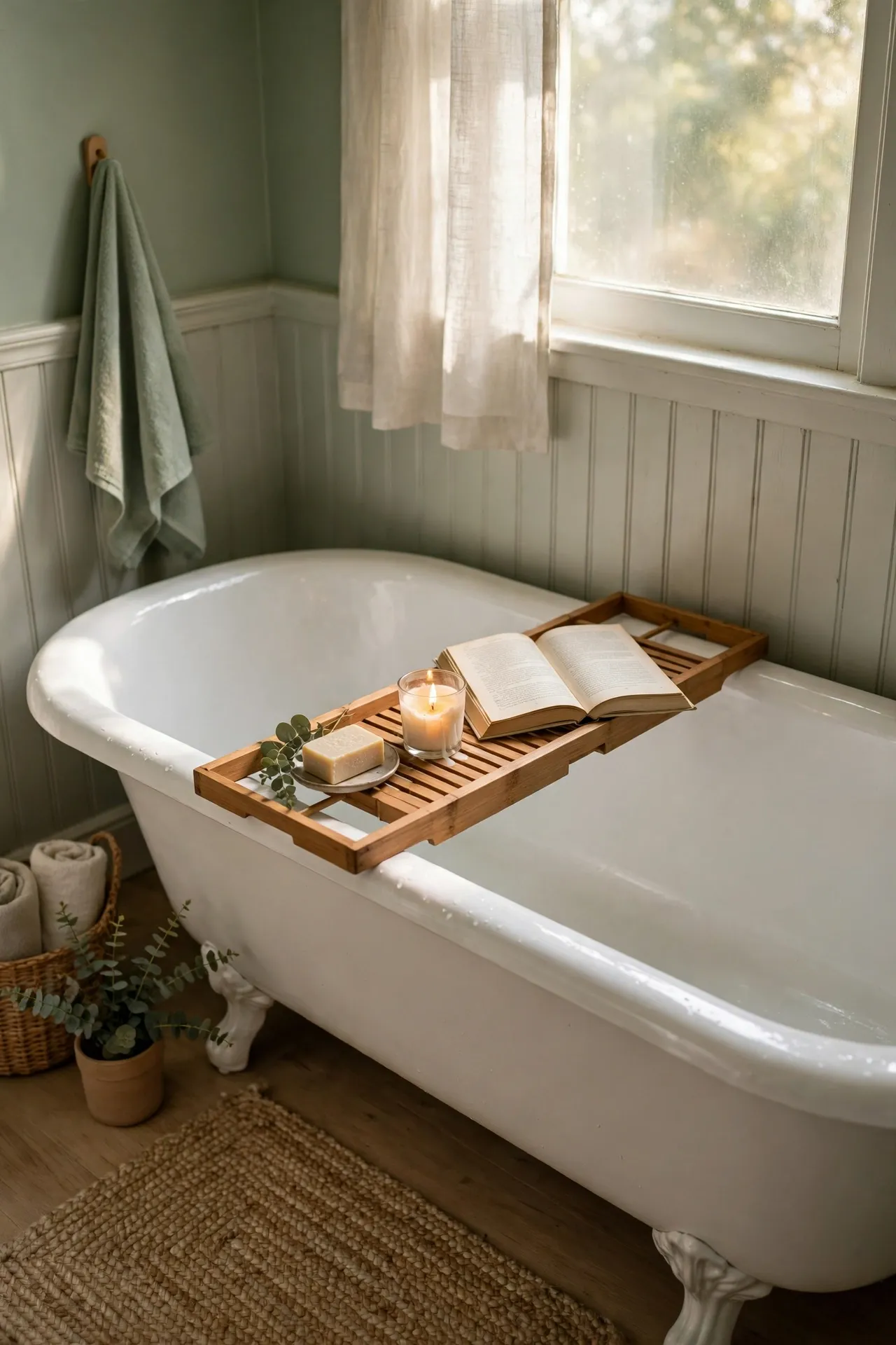 Bath caddy with candle over sage accented bathtub