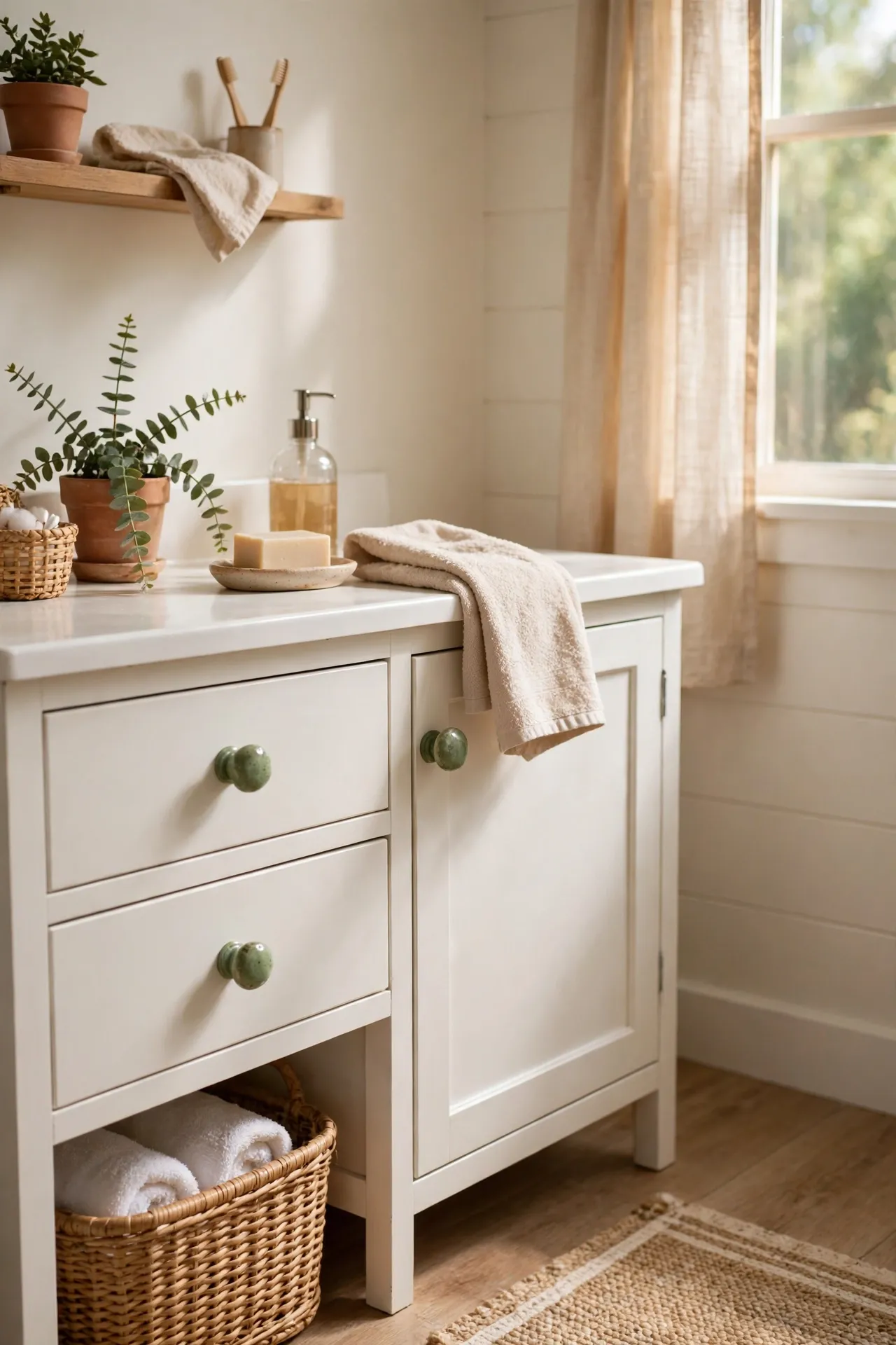 Sage green ceramic knobs on white bathroom vanity