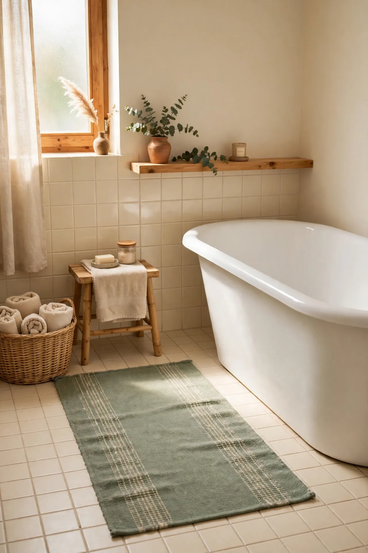 Sage green rug runner beside white bathtub on tile