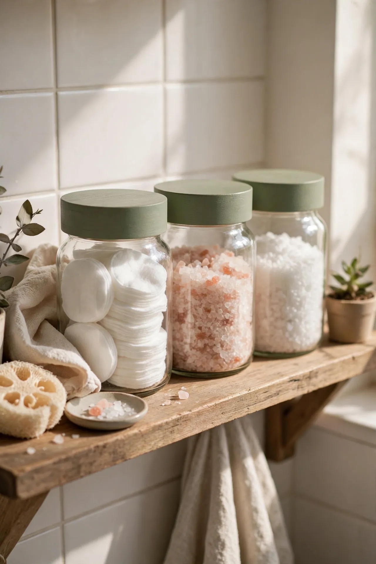 Glass jars with sage lids holding bath salts