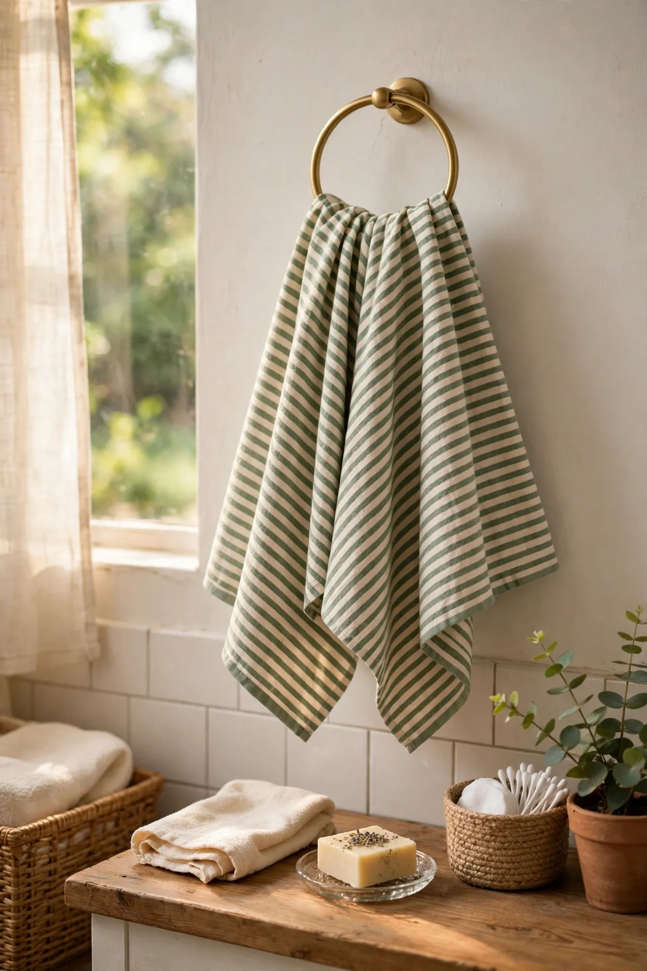 Sage and cream striped hand towels on towel ring