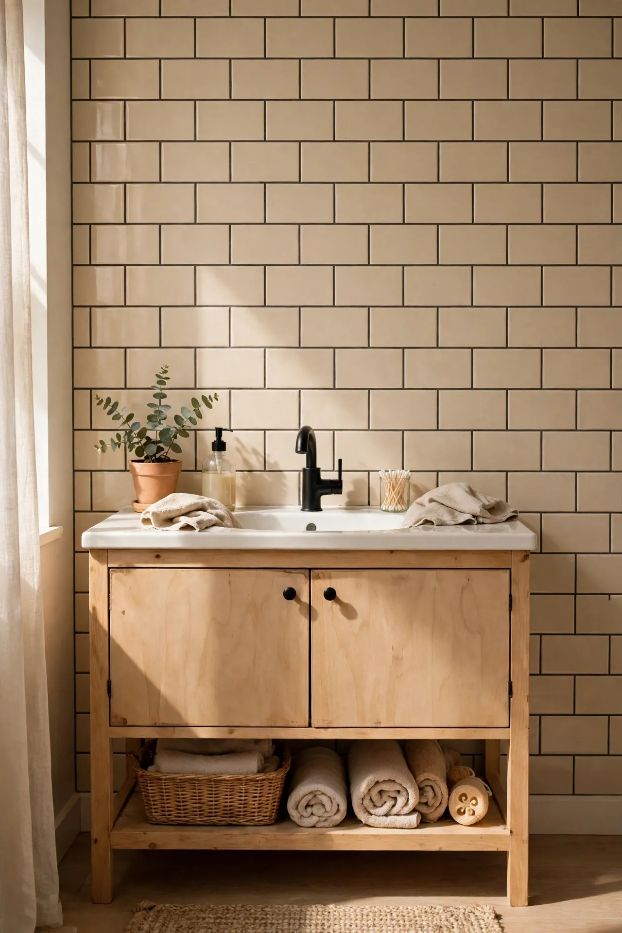 Beige subway tile wall with dark grout lines