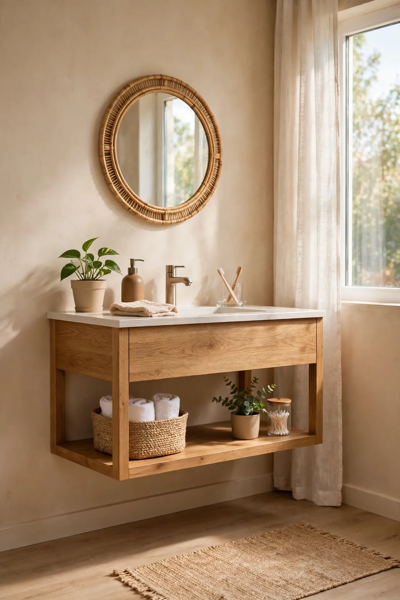 Floating oak vanity mounted on warm beige bathroom wall