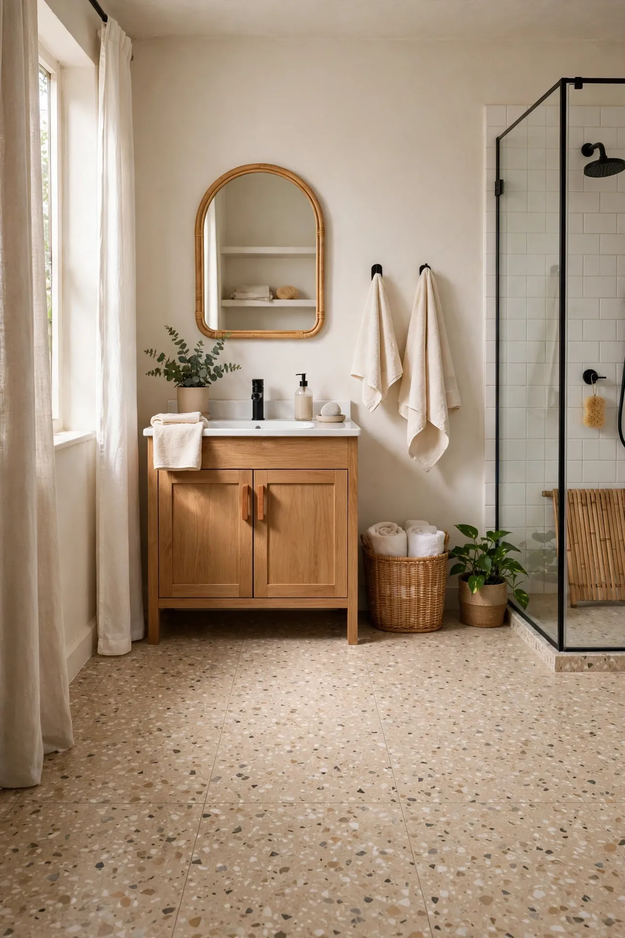 Beige terrazzo speckled floor tiles in modern bathroom
