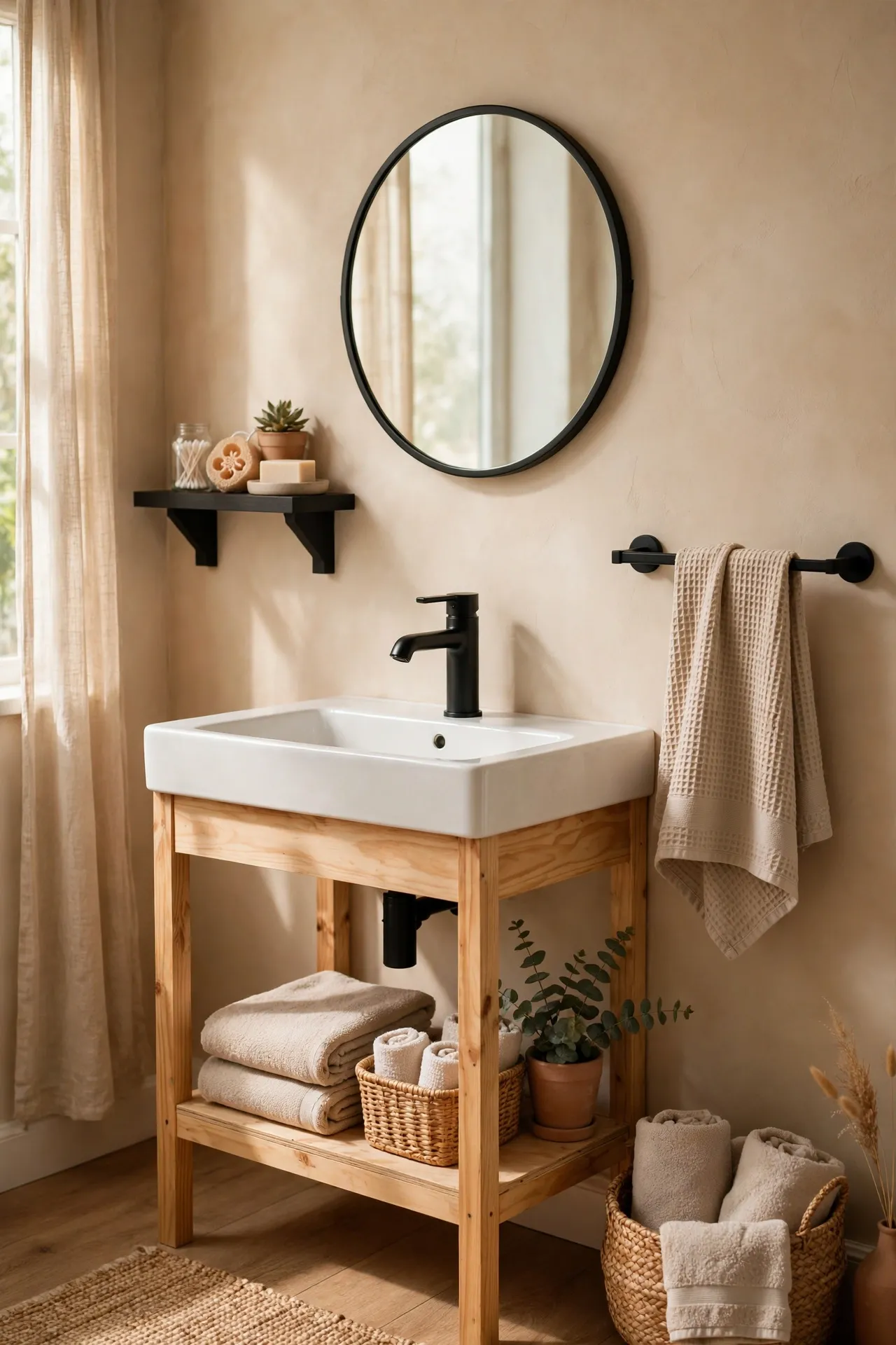Matte black faucet and fixtures against warm beige wall