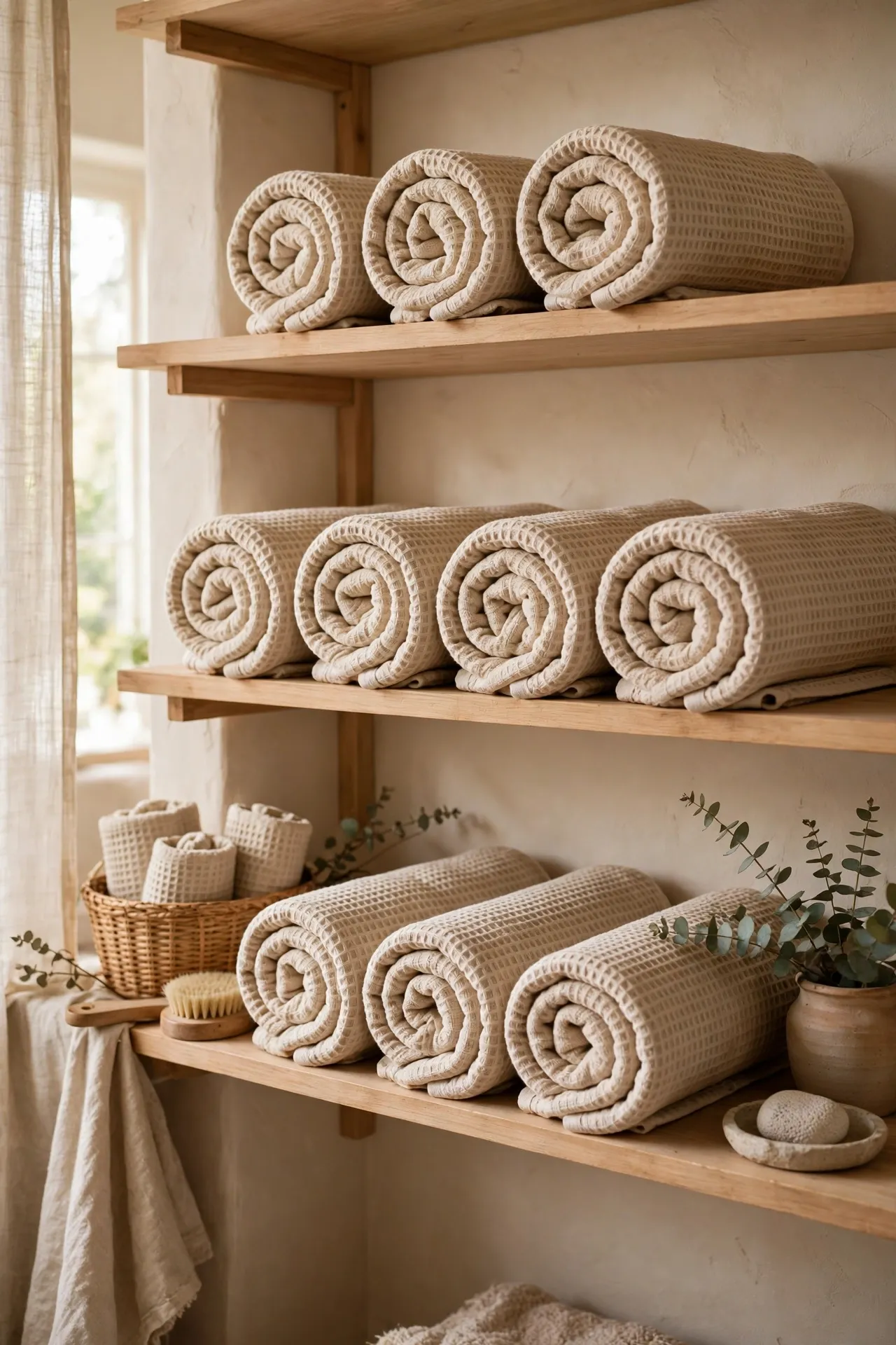 Rolled beige waffle towels on open bathroom shelves