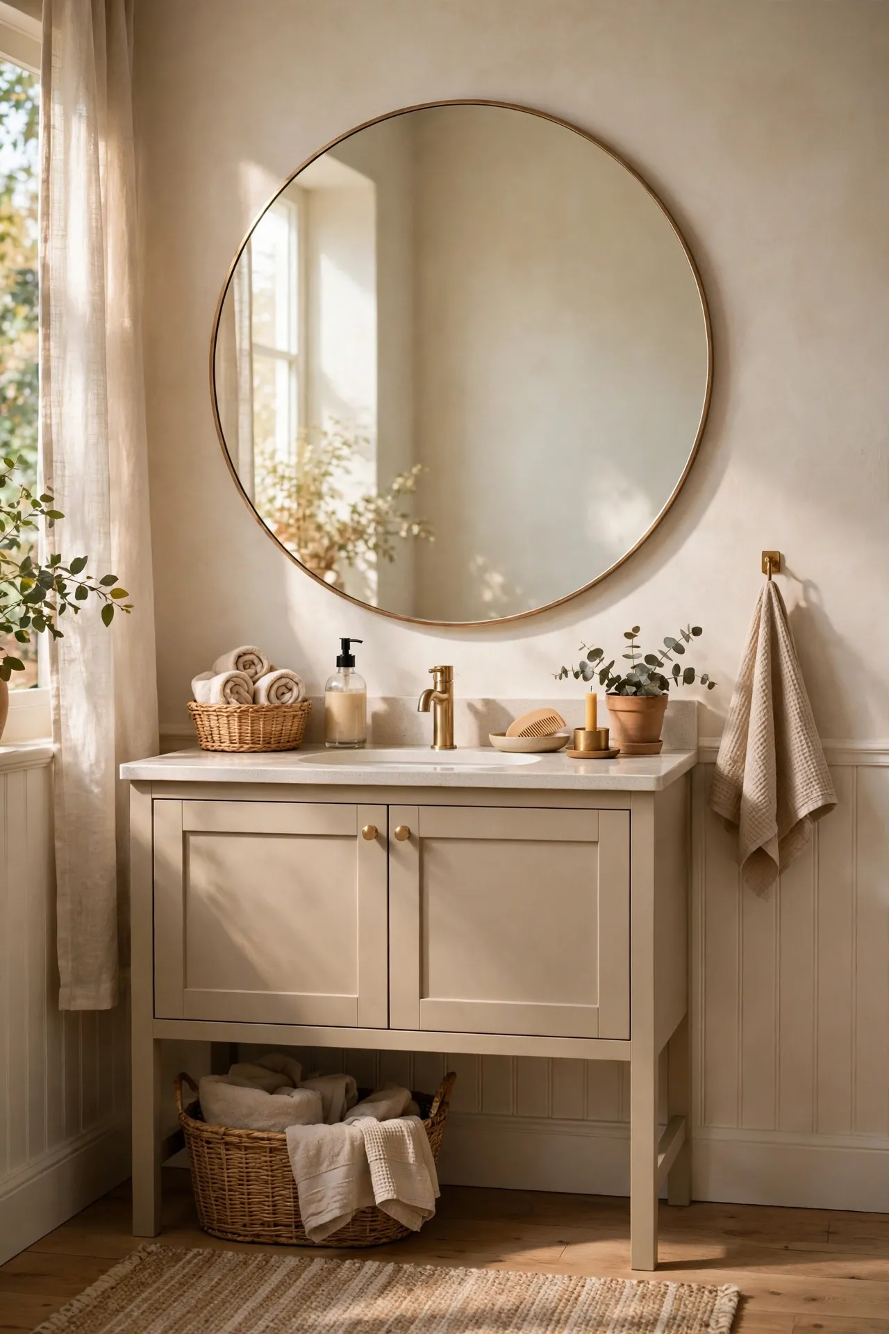 Oversized round mirror with thin brass frame above vanity