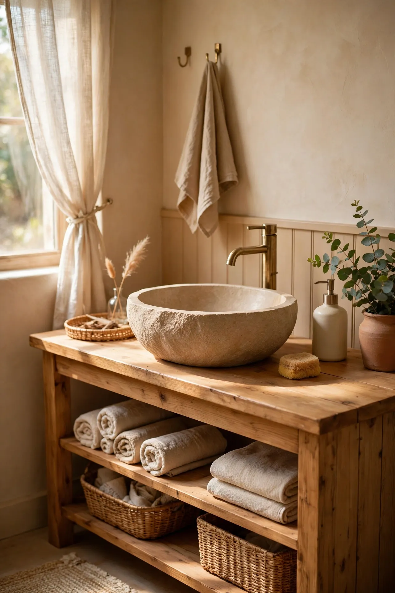 Beige stone vessel sink on wooden bathroom counter