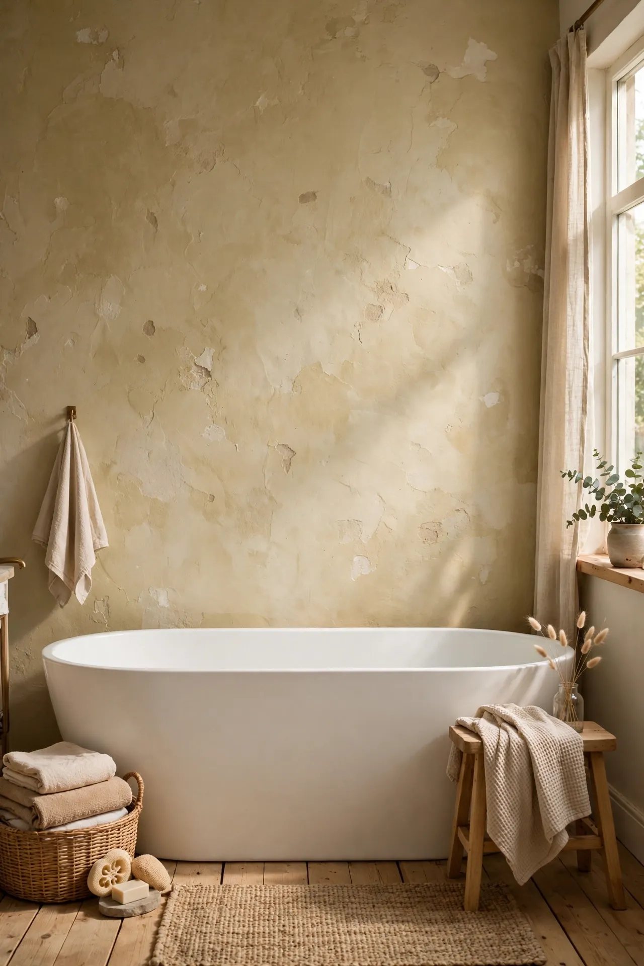 Textured beige plaster wall behind freestanding bathtub in bathroom