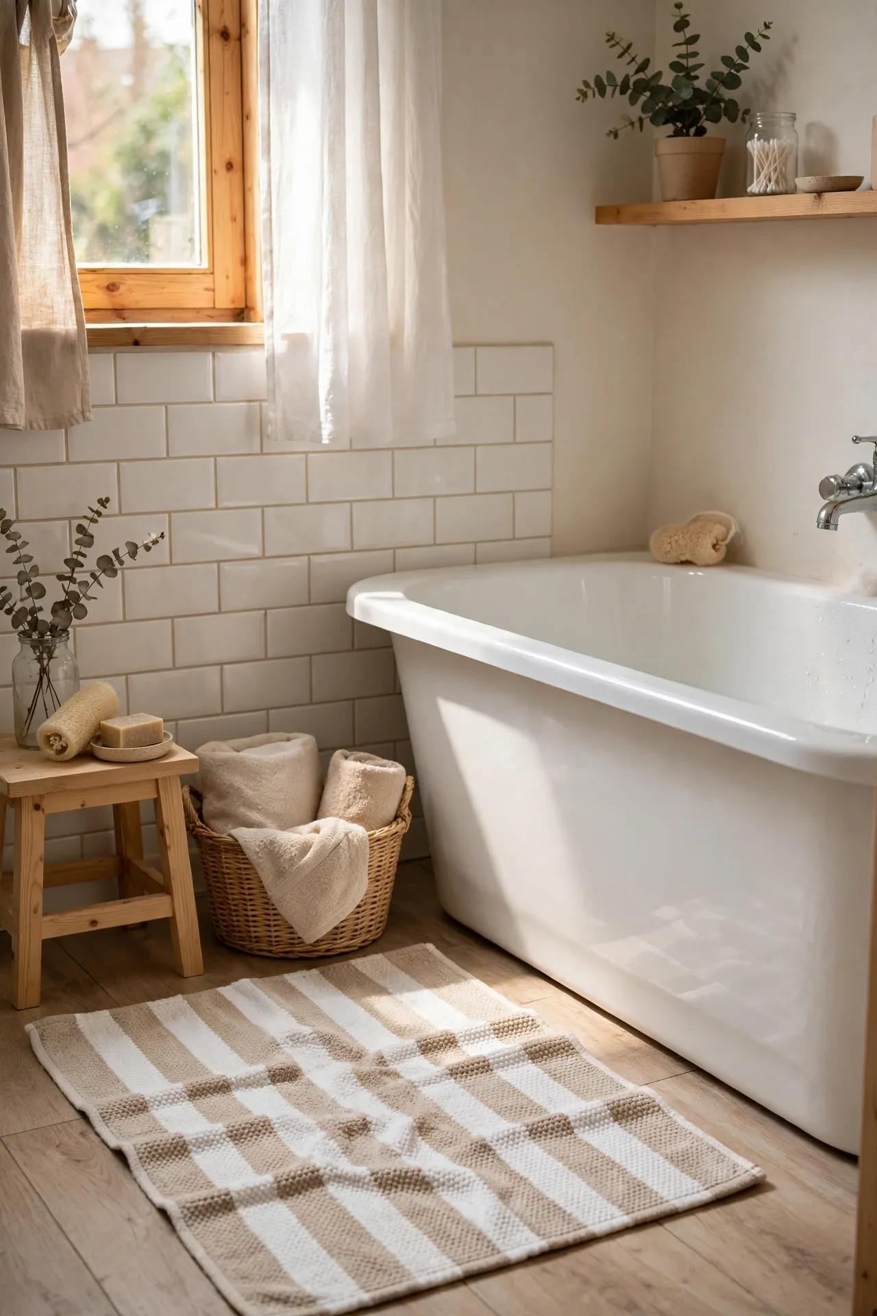 Beige and white striped bath mat beside bathtub