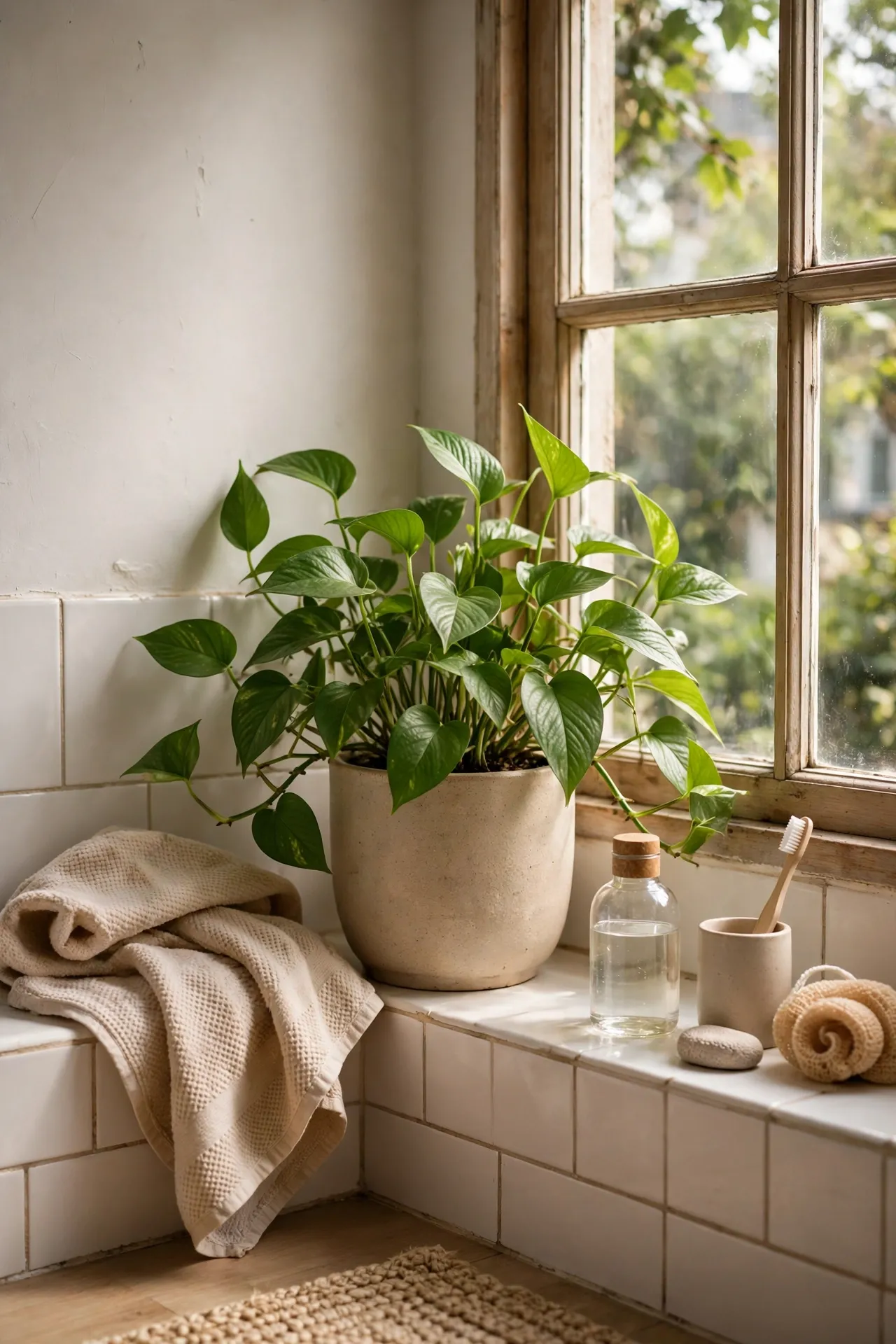 Green plant in beige ceramic pot by bathroom window